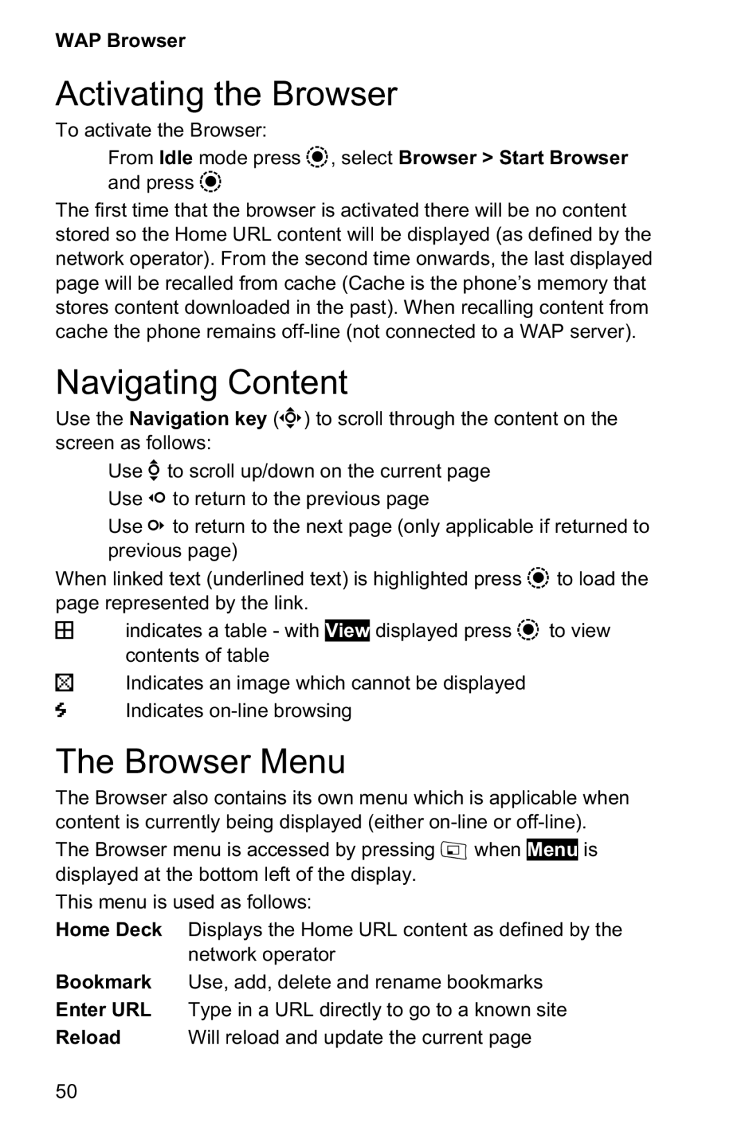 Panasonic EB-GD95 operating instructions Activating the Browser, Navigating Content, Browser Menu 