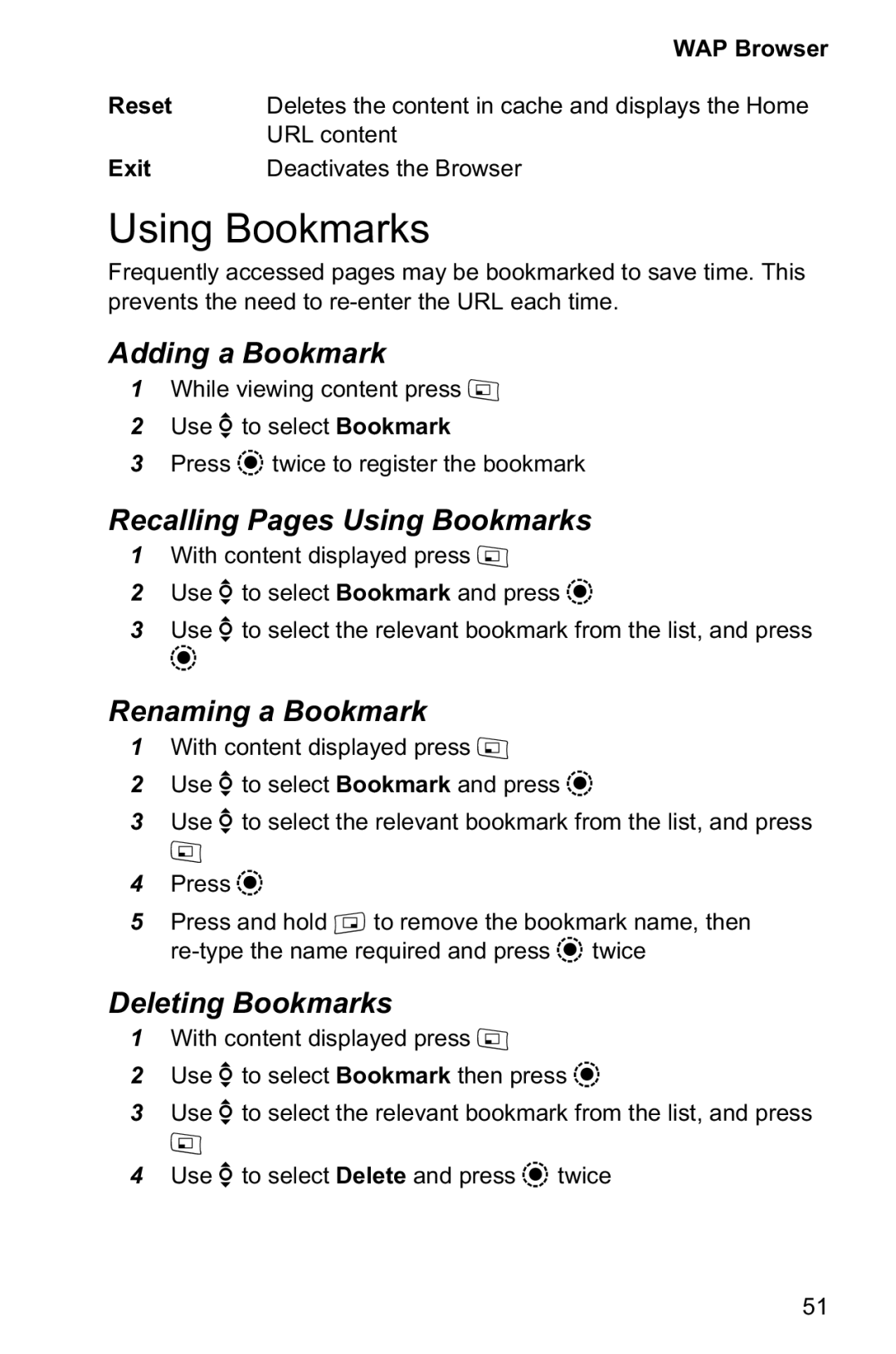 Panasonic EB-GD95 Adding a Bookmark, Recalling Pages Using Bookmarks, Renaming a Bookmark, Deleting Bookmarks 