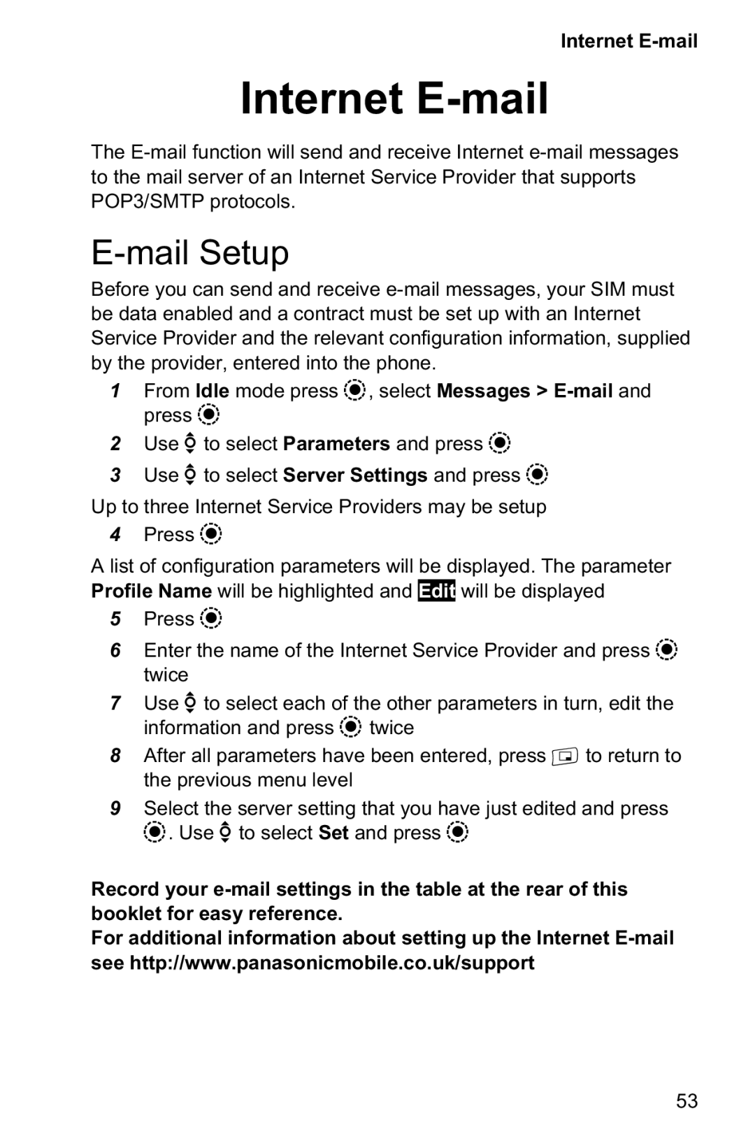 Panasonic EB-GD95 operating instructions Internet E-mail, Mail Setup 