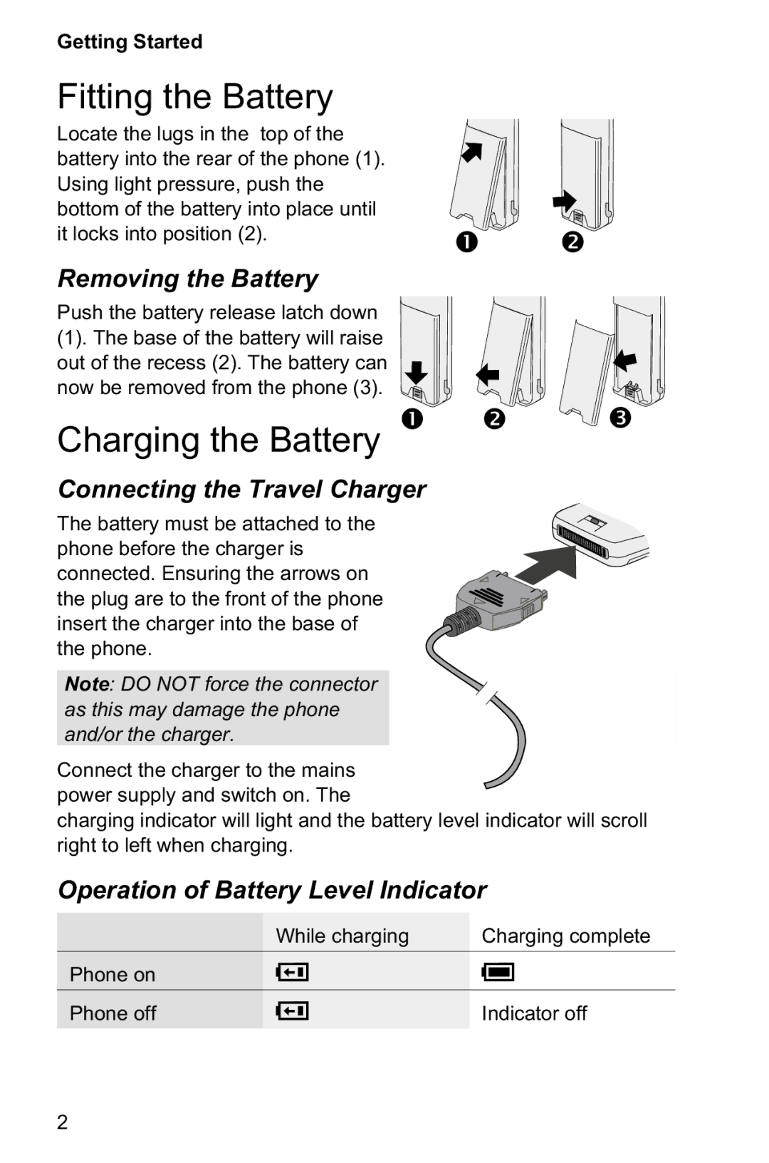 Panasonic EB-GD95 Fitting the Battery, Charging the Battery, Removing the Battery, Connecting the Travel Charger 