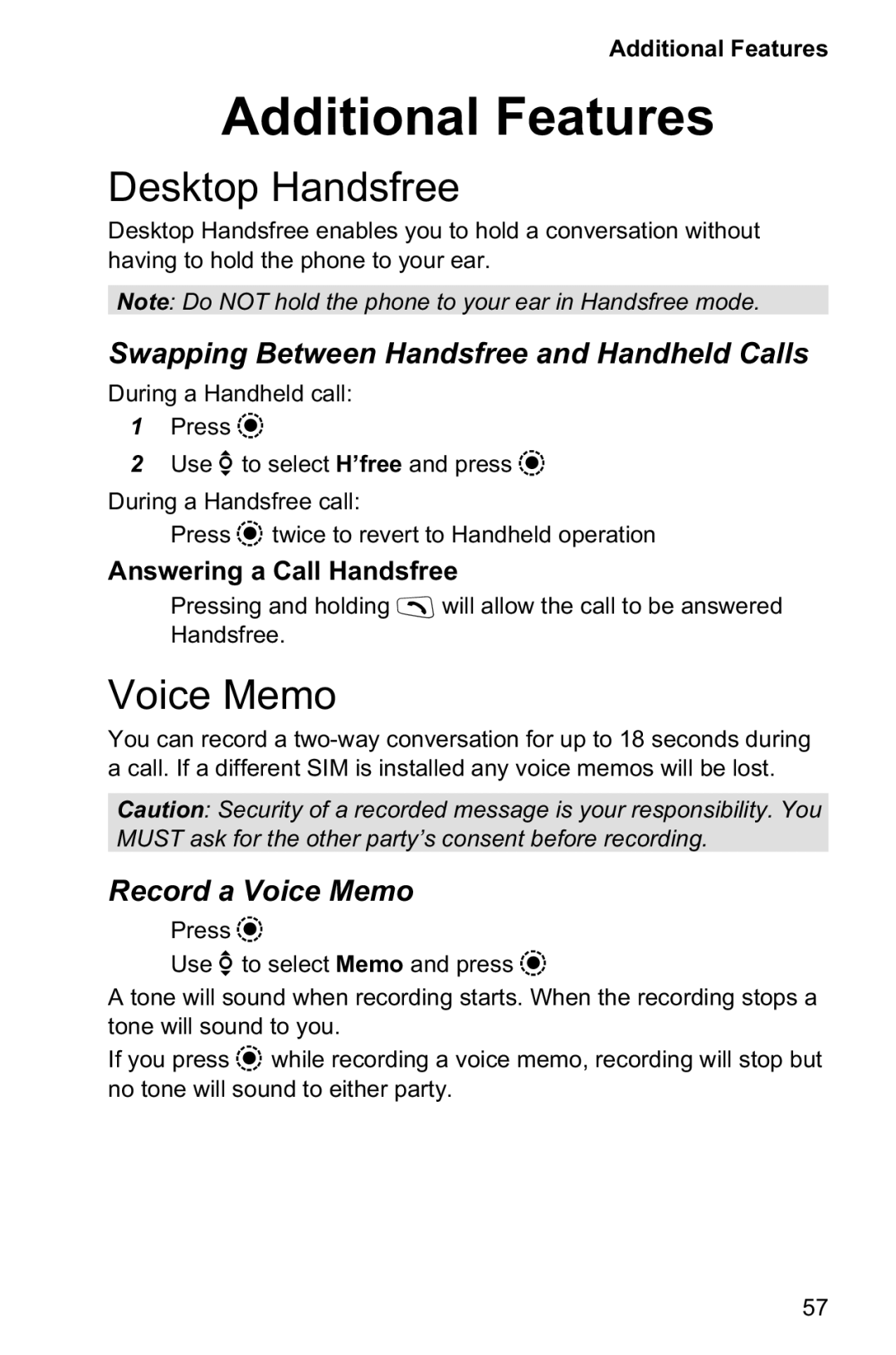 Panasonic EB-GD95 Additional Features, Desktop Handsfree, Voice Memo, Swapping Between Handsfree and Handheld Calls 