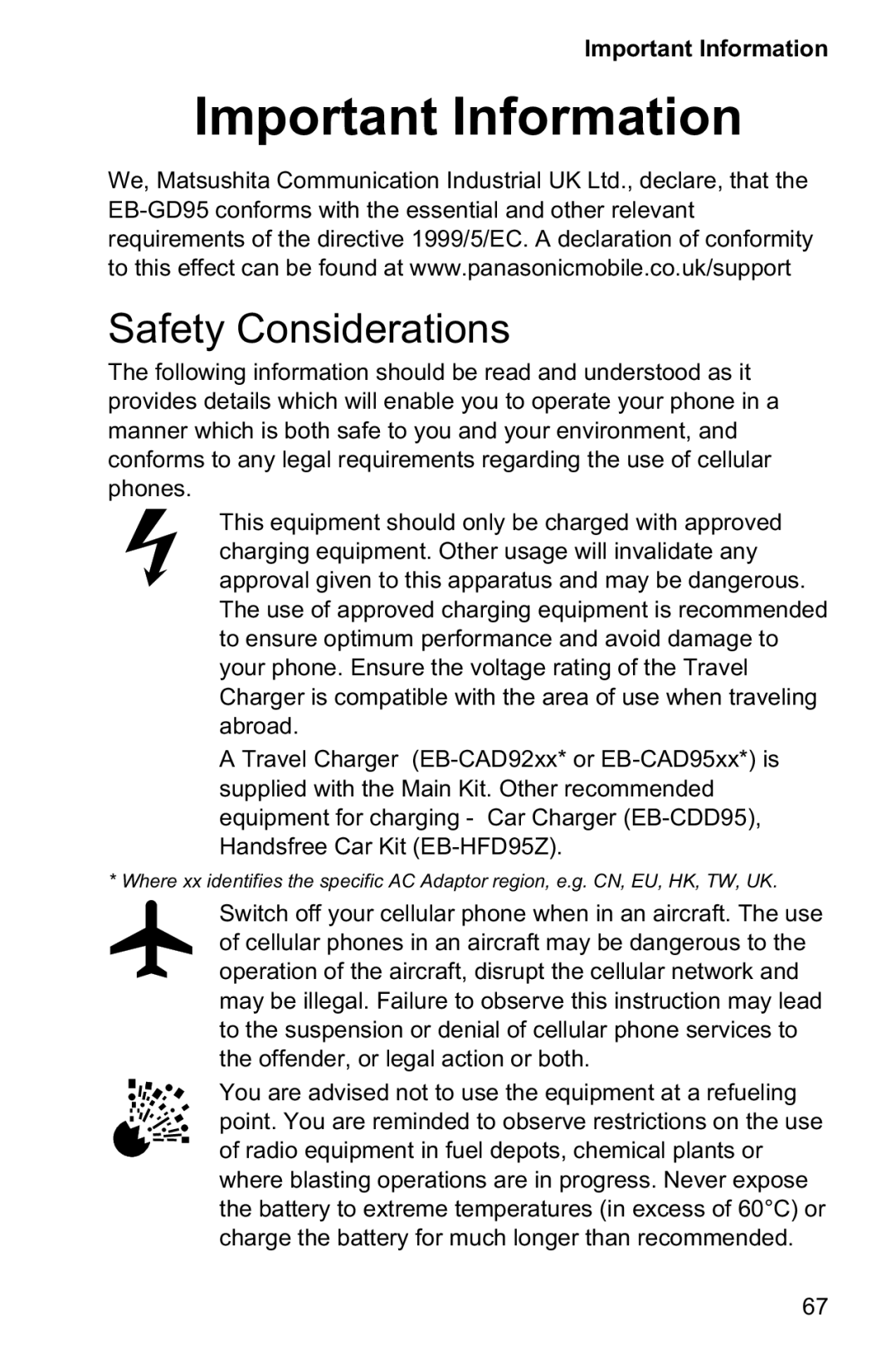 Panasonic EB-GD95 operating instructions Important Information, Safety Considerations 