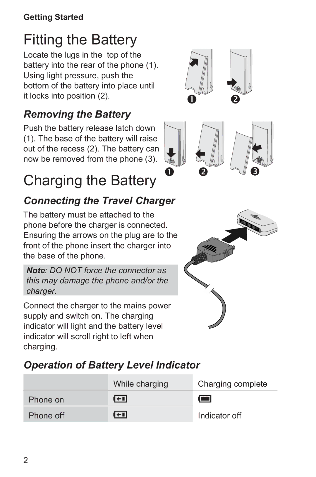 Panasonic EB-GD96 Fitting the Battery, Charging the Battery, Removing the Battery, Connecting the Travel Charger 