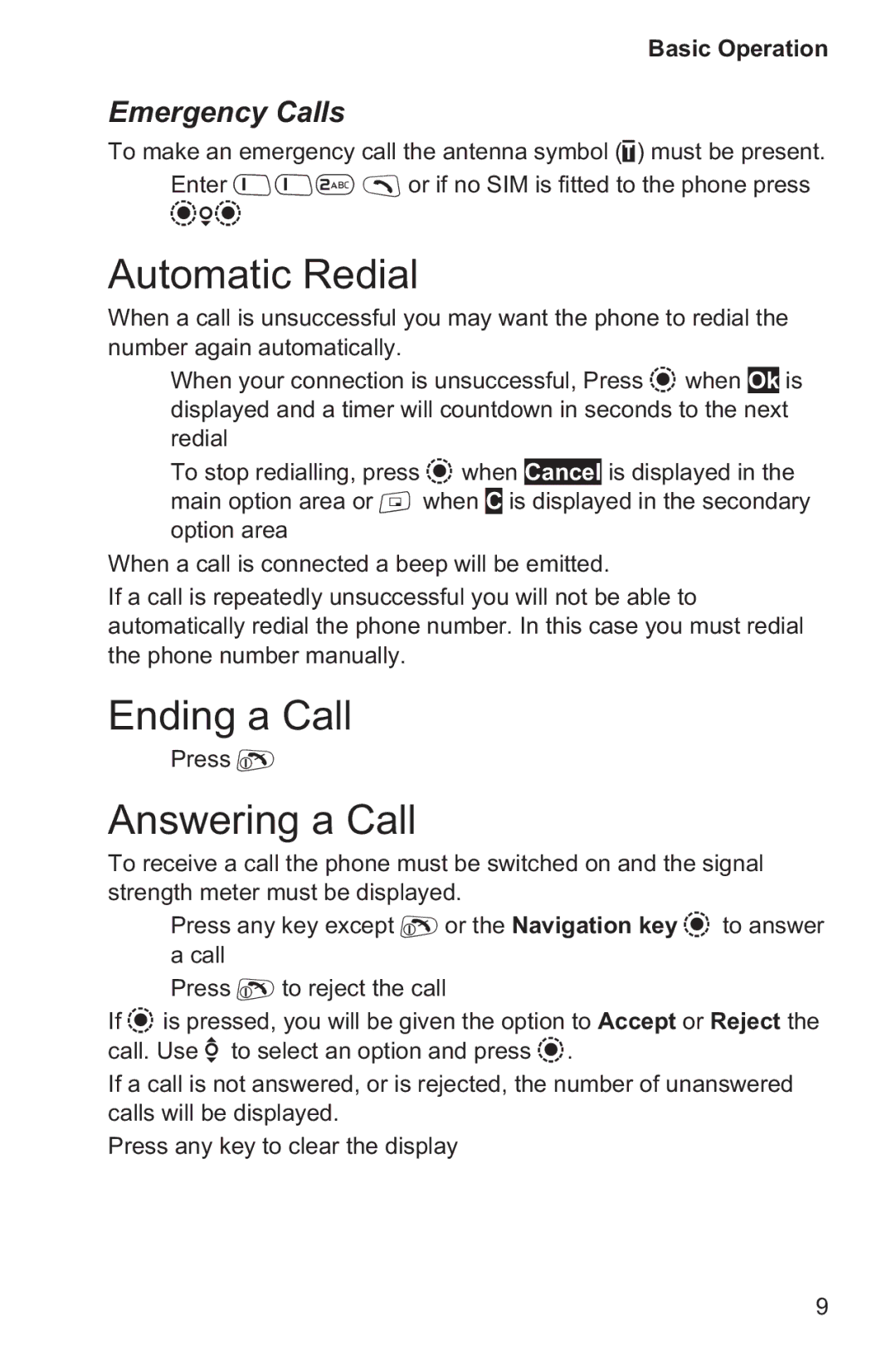 Panasonic EB-GD96 operating instructions Automatic Redial, Ending a Call, Answering a Call, Emergency Calls 