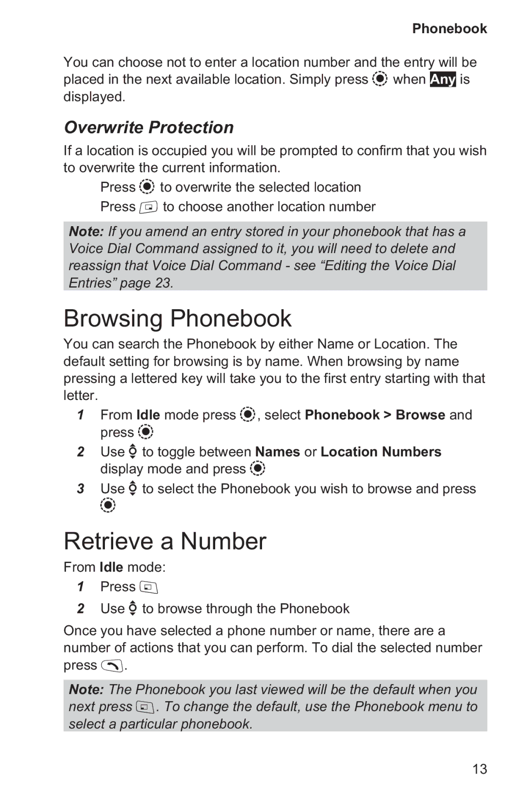 Panasonic EB-GD96 operating instructions Browsing Phonebook, Retrieve a Number, Overwrite Protection 