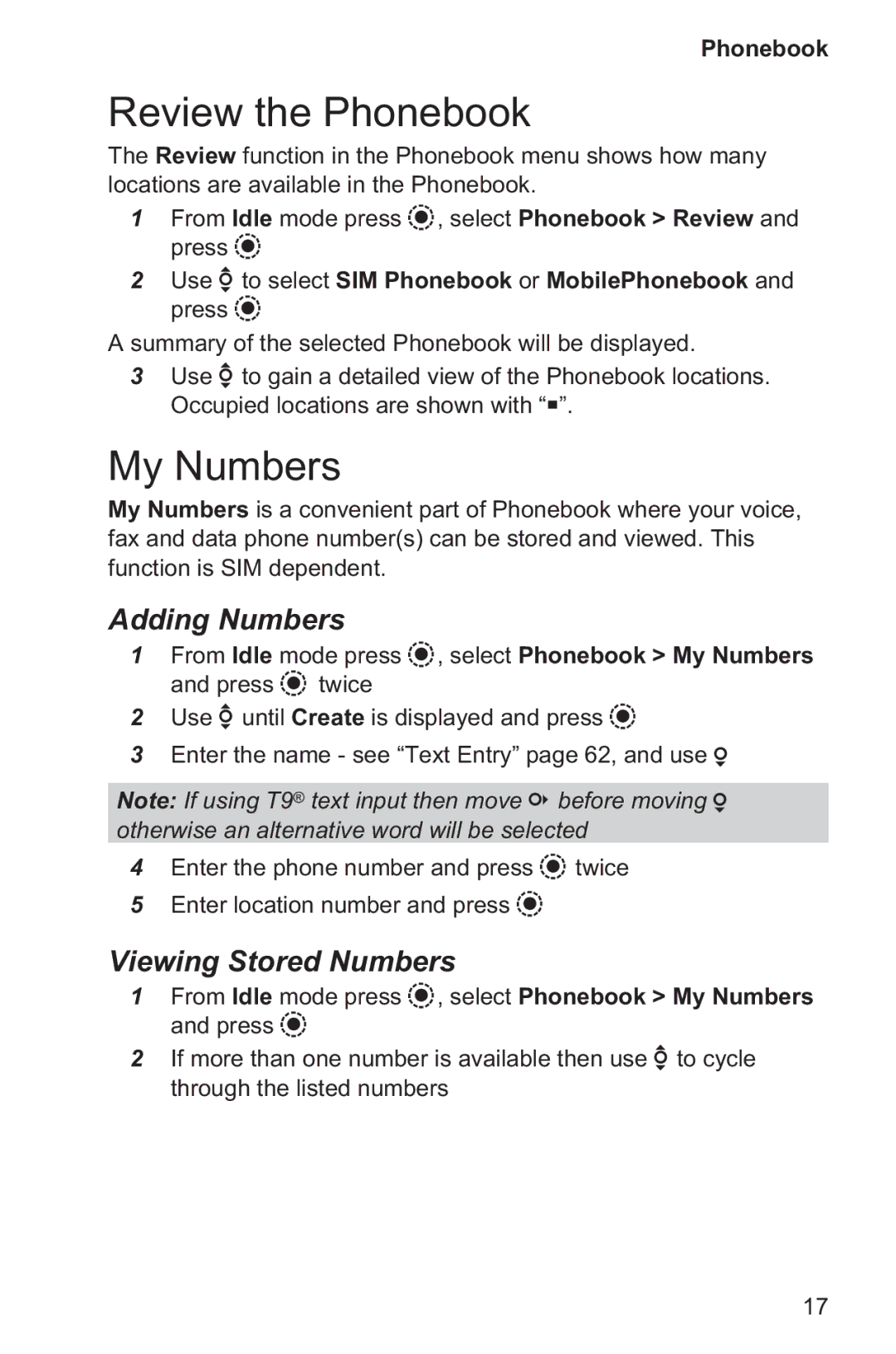 Panasonic EB-GD96 operating instructions Review the Phonebook, My Numbers, Adding Numbers, Viewing Stored Numbers 