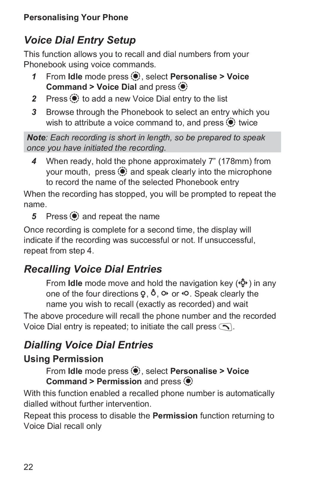 Panasonic EB-GD96 operating instructions Voice Dial Entry Setup, Recalling Voice Dial Entries, Dialling Voice Dial Entries 