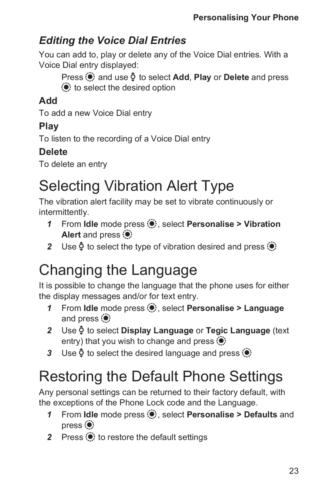 Panasonic EB-GD96 Selecting Vibration Alert Type, Changing the Language, Restoring the Default Phone Settings 