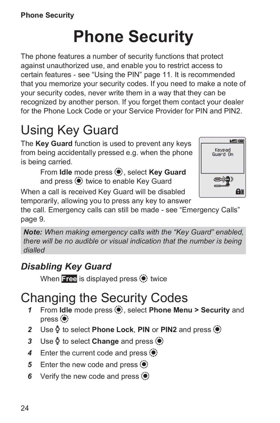 Panasonic EB-GD96 operating instructions Phone Security, Using Key Guard, Changing the Security Codes, Disabling Key Guard 