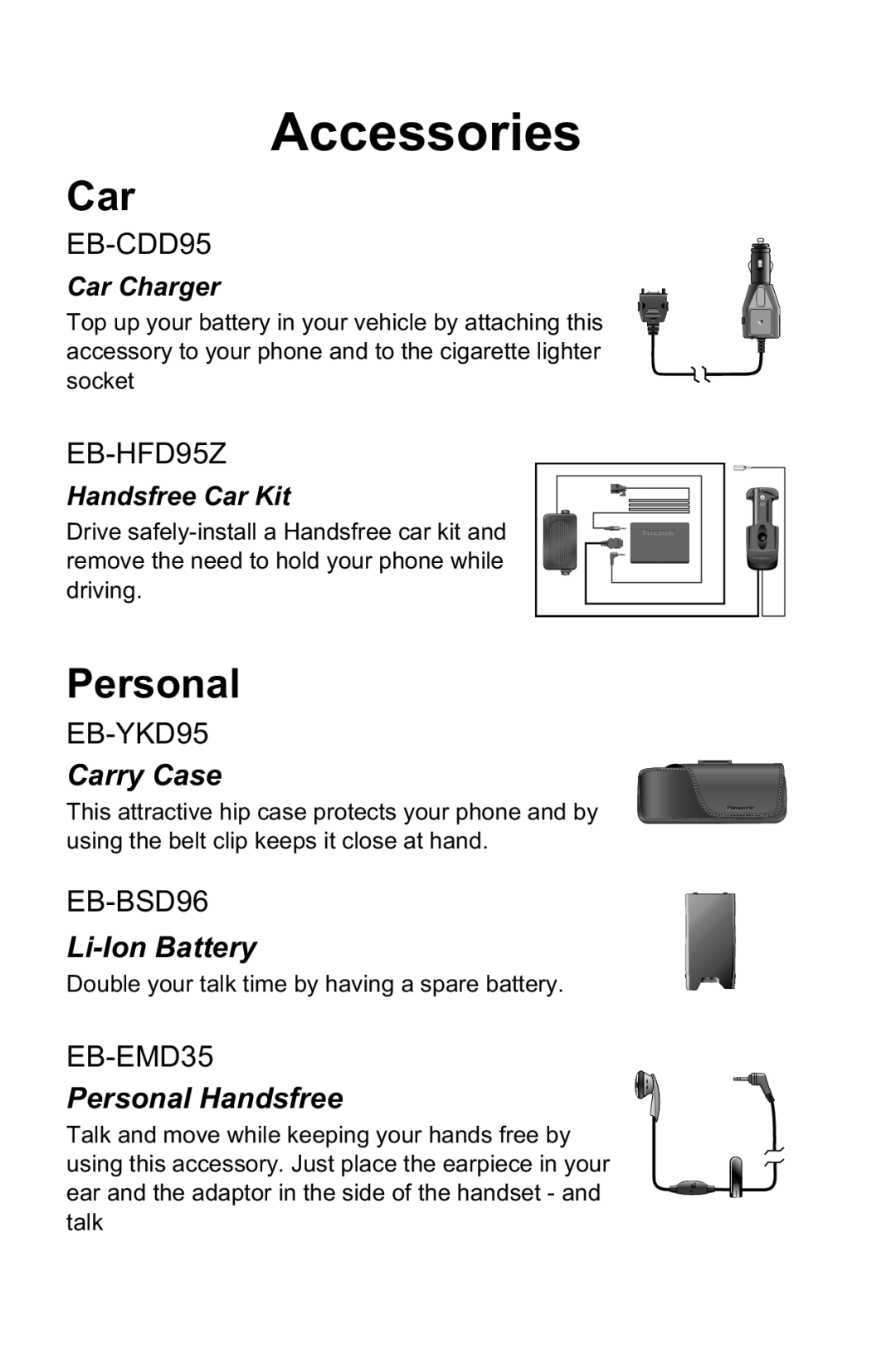 Panasonic EB-GD96 operating instructions Accessories, Carry Case, Li-Ion Battery, Personal Handsfree 