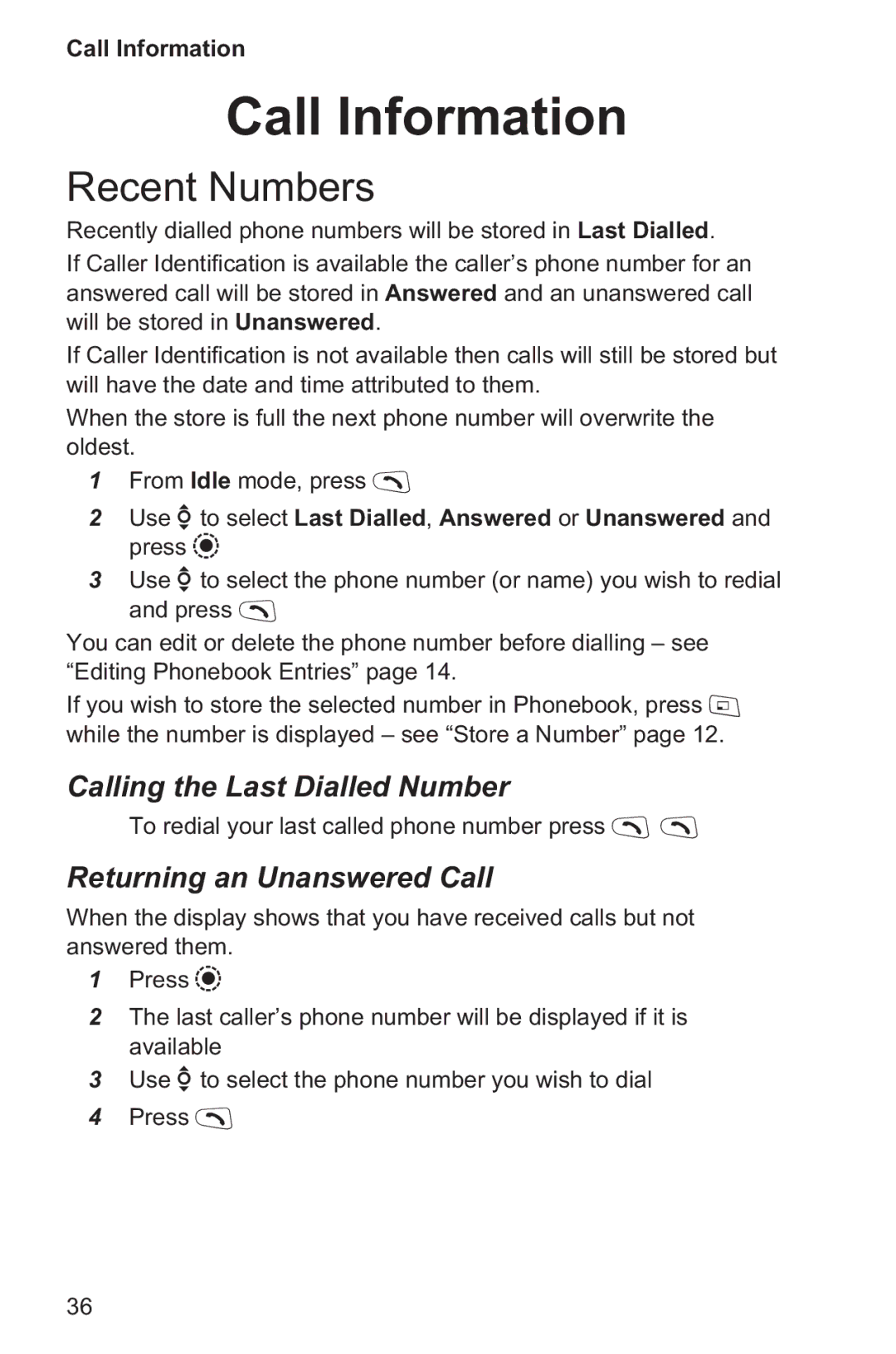 Panasonic EB-GD96 Call Information, Recent Numbers, Calling the Last Dialled Number, Returning an Unanswered Call 