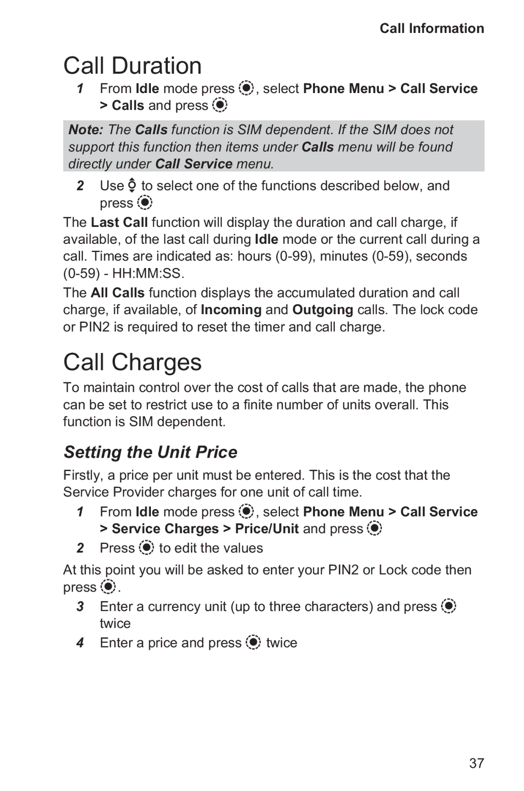 Panasonic EB-GD96 operating instructions Call Duration, Call Charges, Setting the Unit Price 