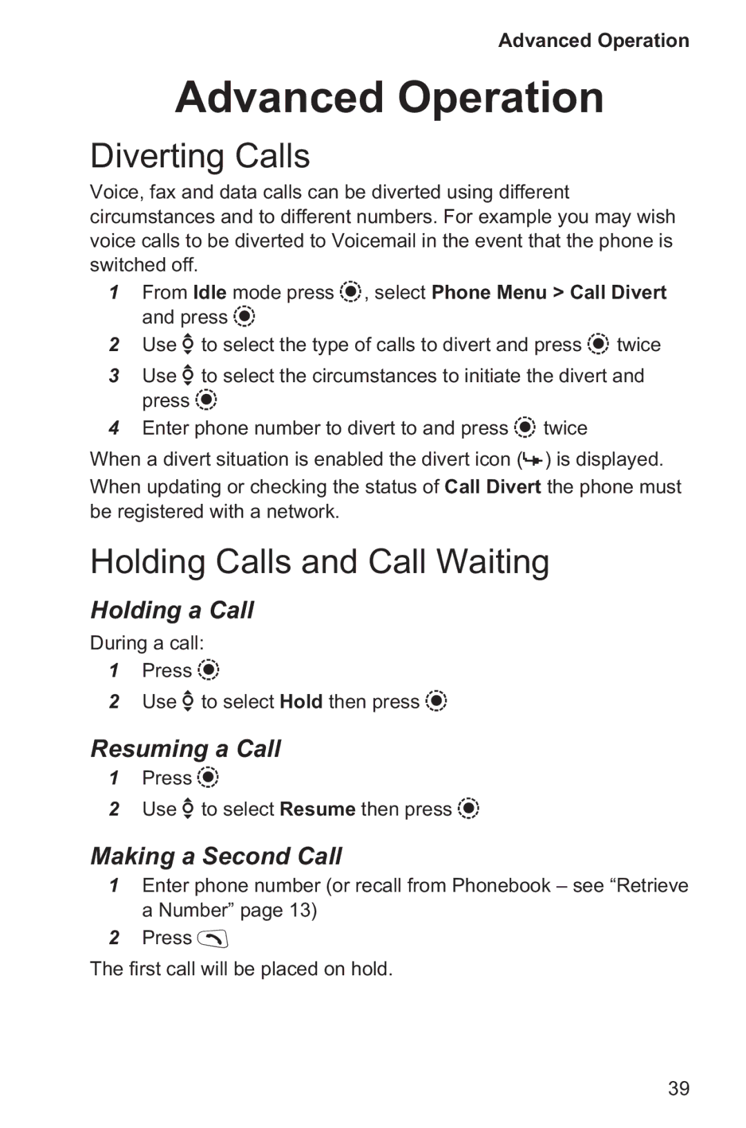 Panasonic EB-GD96 operating instructions Advanced Operation, Diverting Calls, Holding Calls and Call Waiting 