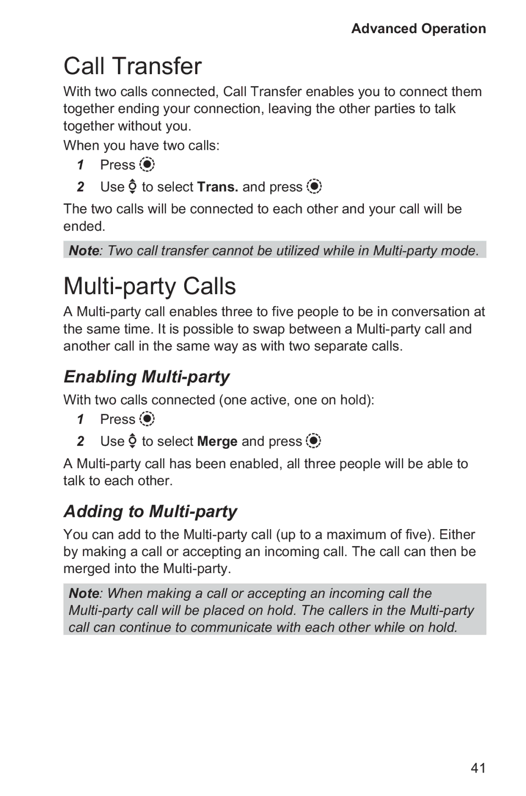 Panasonic EB-GD96 operating instructions Call Transfer, Multi-party Calls, Enabling Multi-party, Adding to Multi-party 