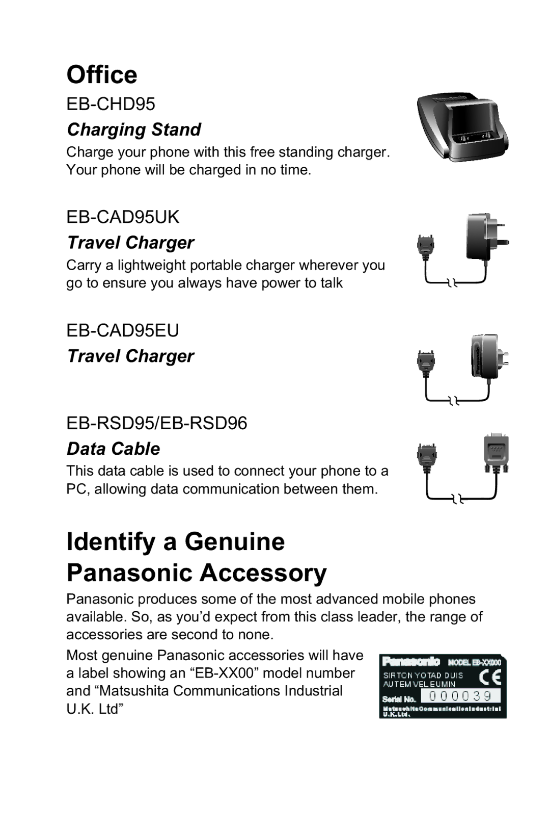 Panasonic EB-GD96 operating instructions Charging Stand, Travel Charger, Data Cable 