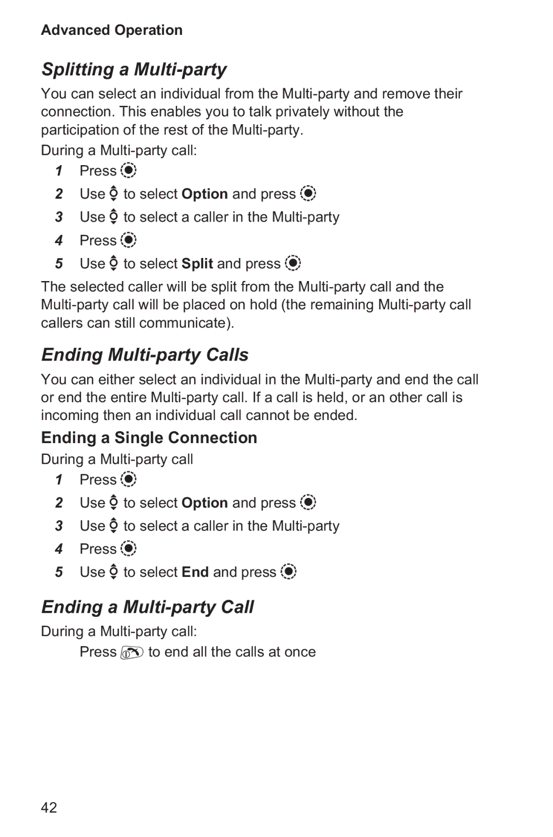 Panasonic EB-GD96 operating instructions Splitting a Multi-party, Ending Multi-party Calls, Ending a Multi-party Call 