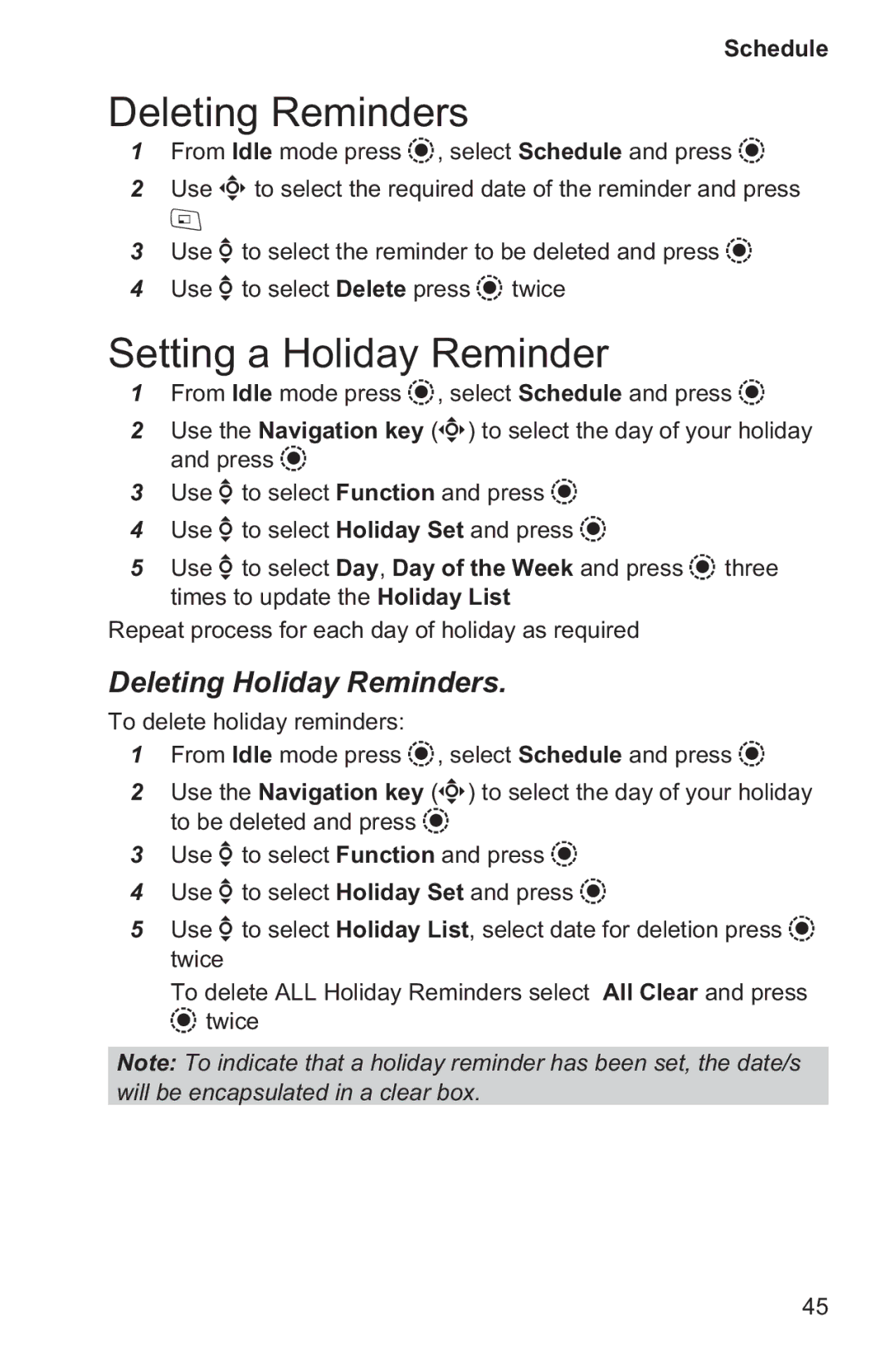 Panasonic EB-GD96 operating instructions Deleting Reminders, Setting a Holiday Reminder, Deleting Holiday Reminders 