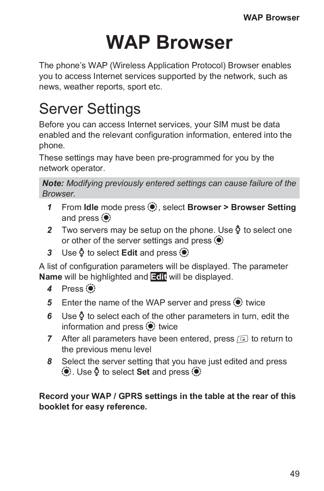 Panasonic EB-GD96 operating instructions WAP Browser, Server Settings 