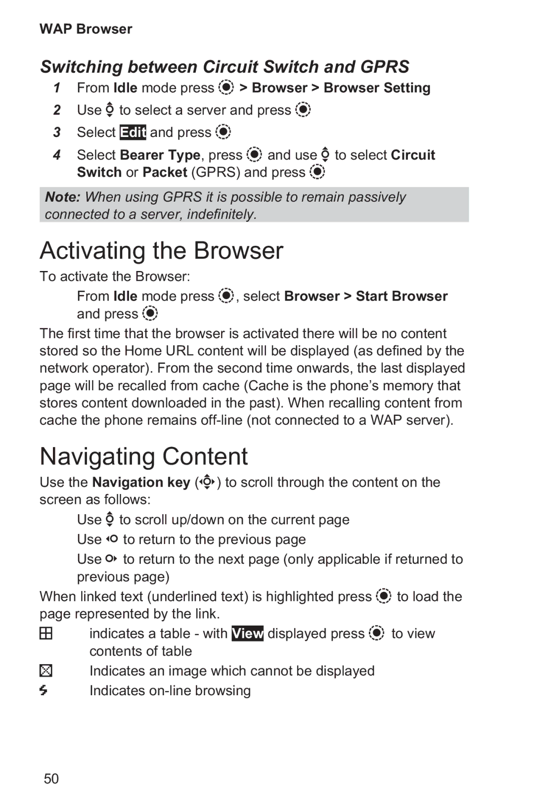 Panasonic EB-GD96 Activating the Browser, Navigating Content, Switching between Circuit Switch and Gprs 