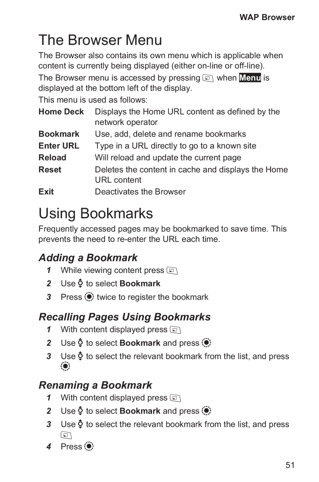 Panasonic EB-GD96 Browser Menu, Adding a Bookmark, Recalling Pages Using Bookmarks, Renaming a Bookmark 