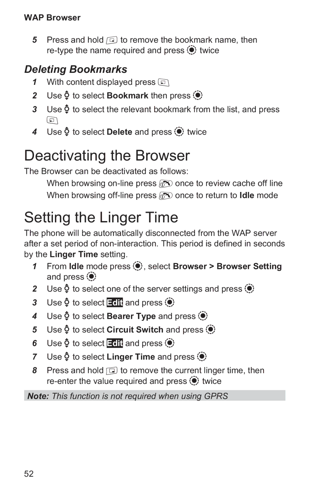 Panasonic EB-GD96 operating instructions Deactivating the Browser, Setting the Linger Time, Deleting Bookmarks 