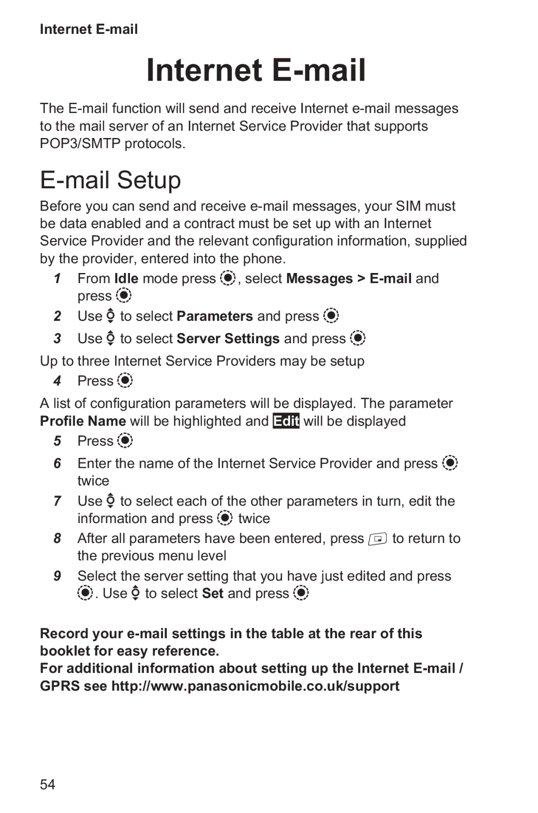 Panasonic EB-GD96 operating instructions Internet E-mail, Mail Setup 