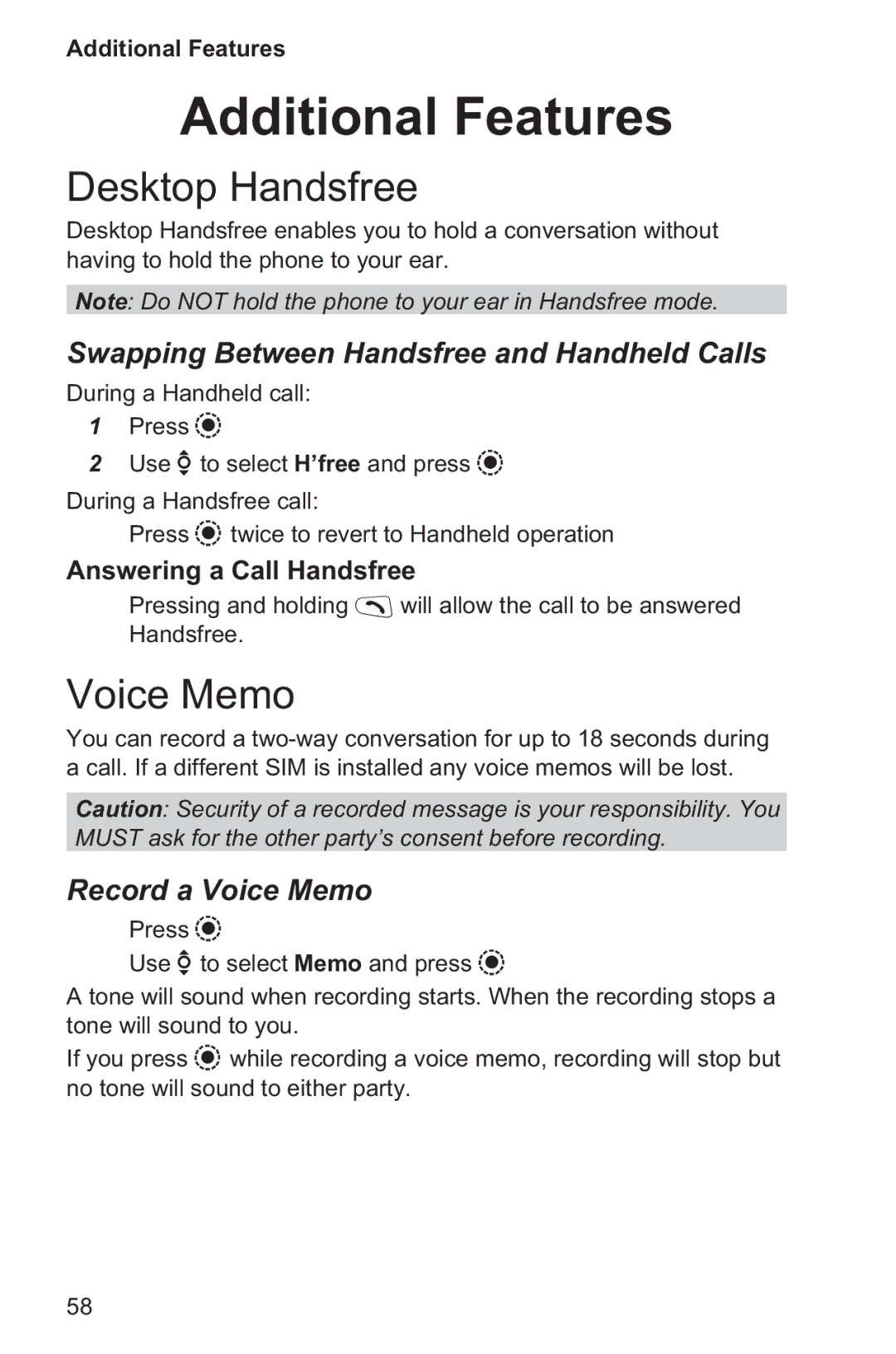 Panasonic EB-GD96 Additional Features, Desktop Handsfree, Voice Memo, Swapping Between Handsfree and Handheld Calls 