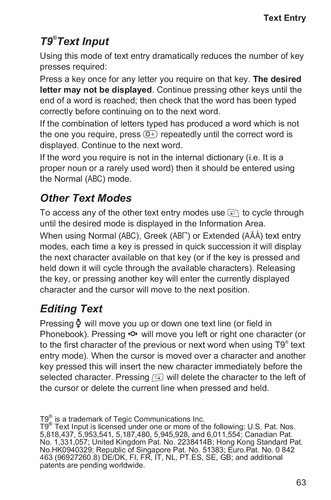 Panasonic EB-GD96 operating instructions T9Text Input, Other Text Modes, Editing Text 