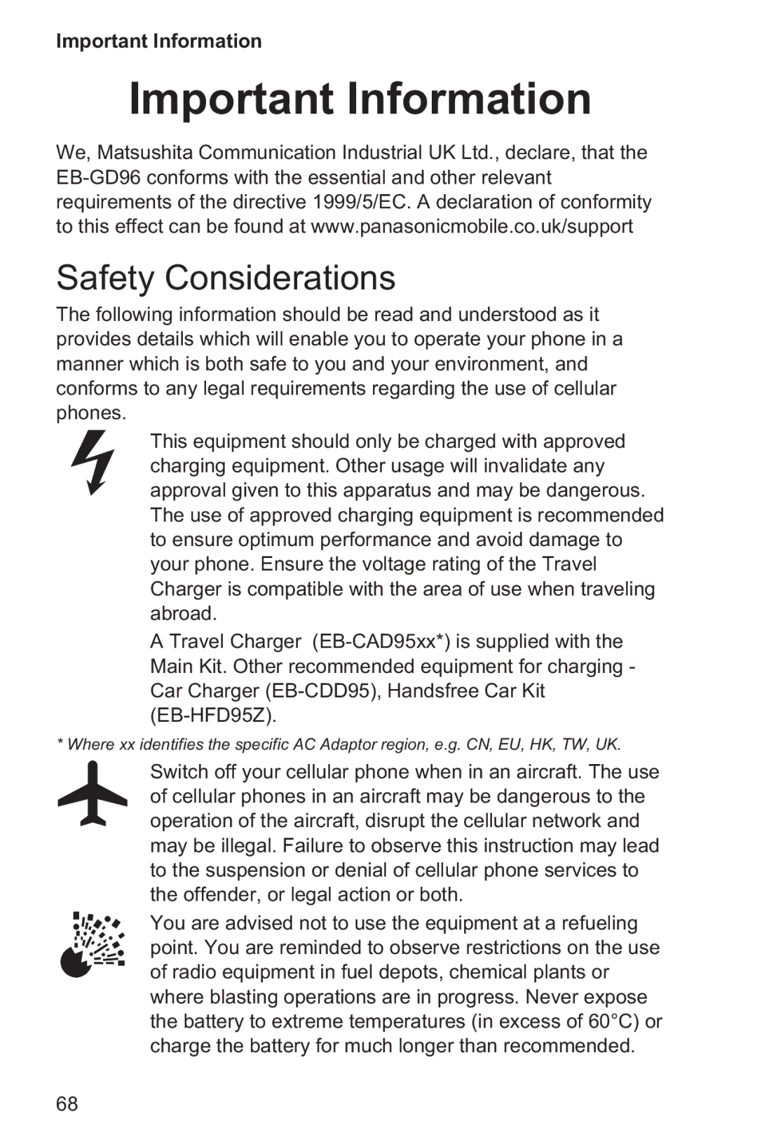 Panasonic EB-GD96 operating instructions Important Information, Safety Considerations 