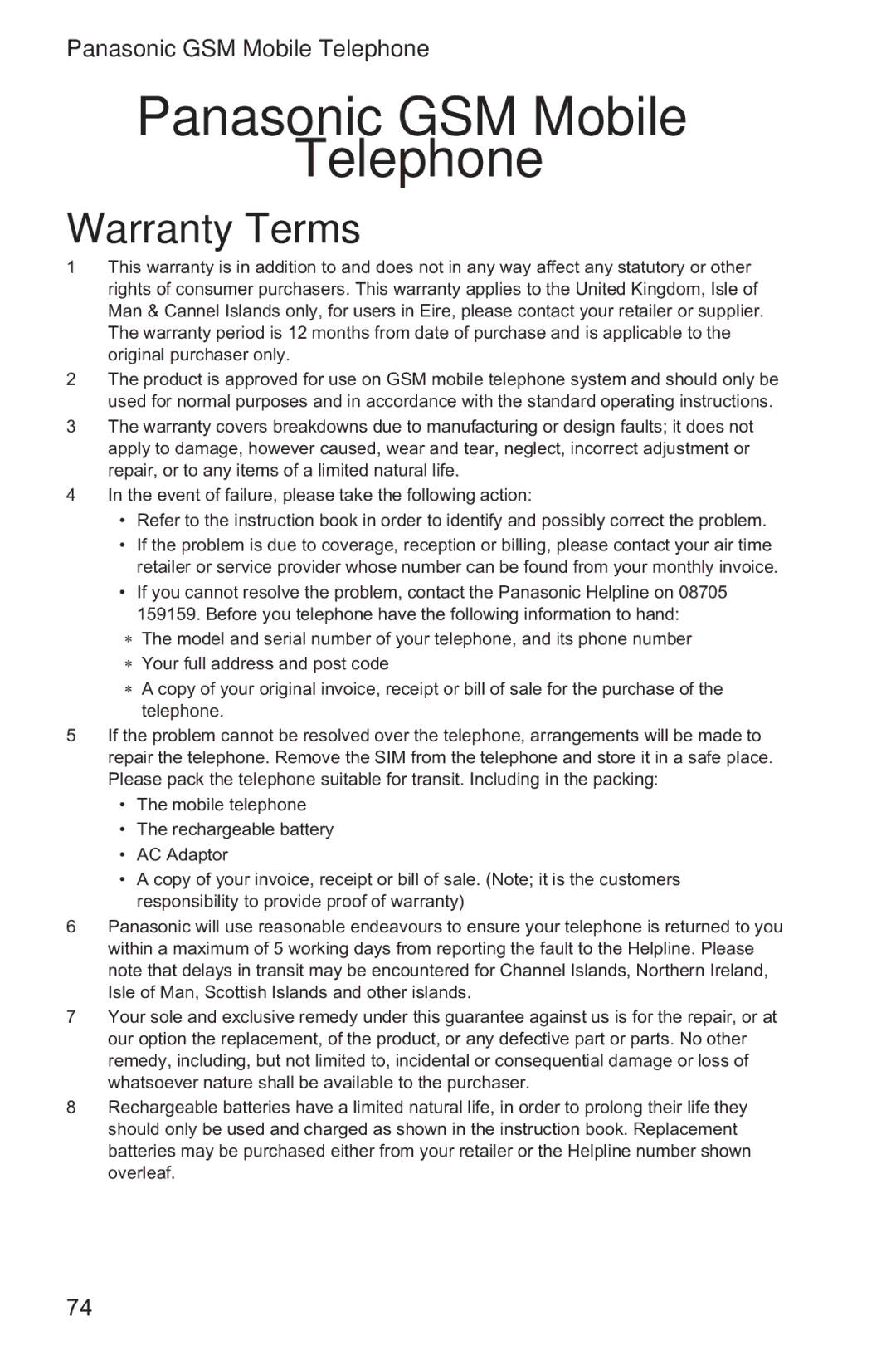 Panasonic EB-GD96 operating instructions Panasonic GSM Mobile Telephone, Warranty Terms 