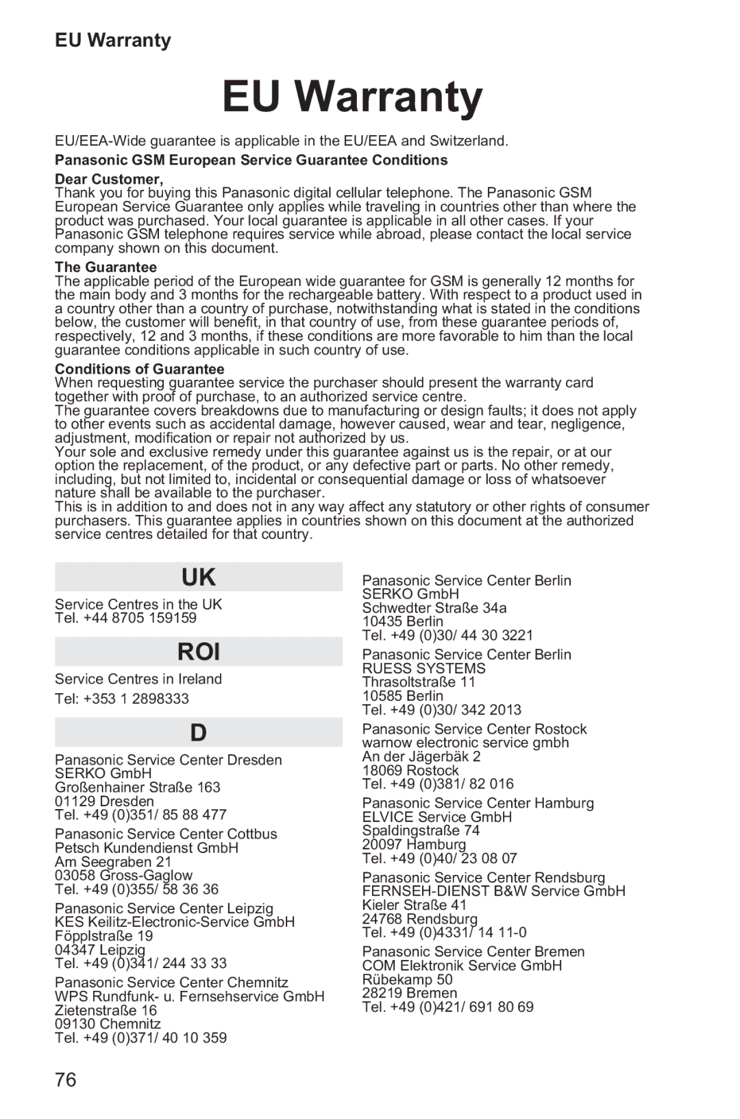 Panasonic EB-GD96 operating instructions EU Warranty, Guarantee 