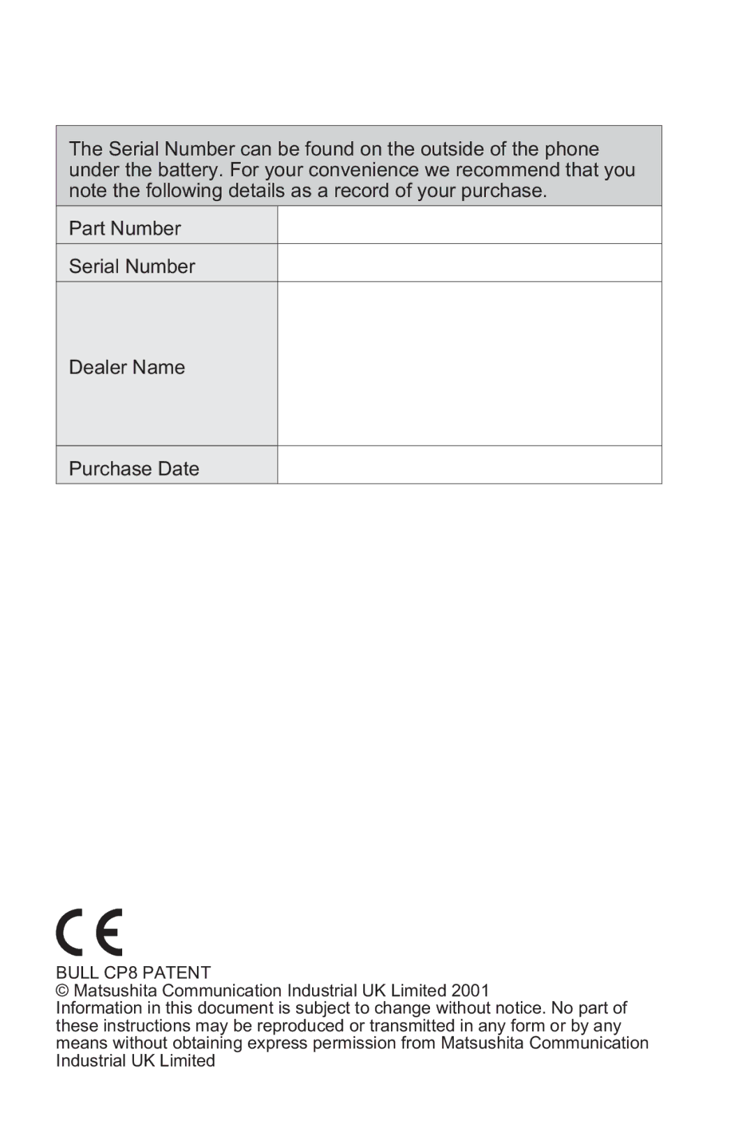 Panasonic EB-GD96 operating instructions Bull CP8 Patent 