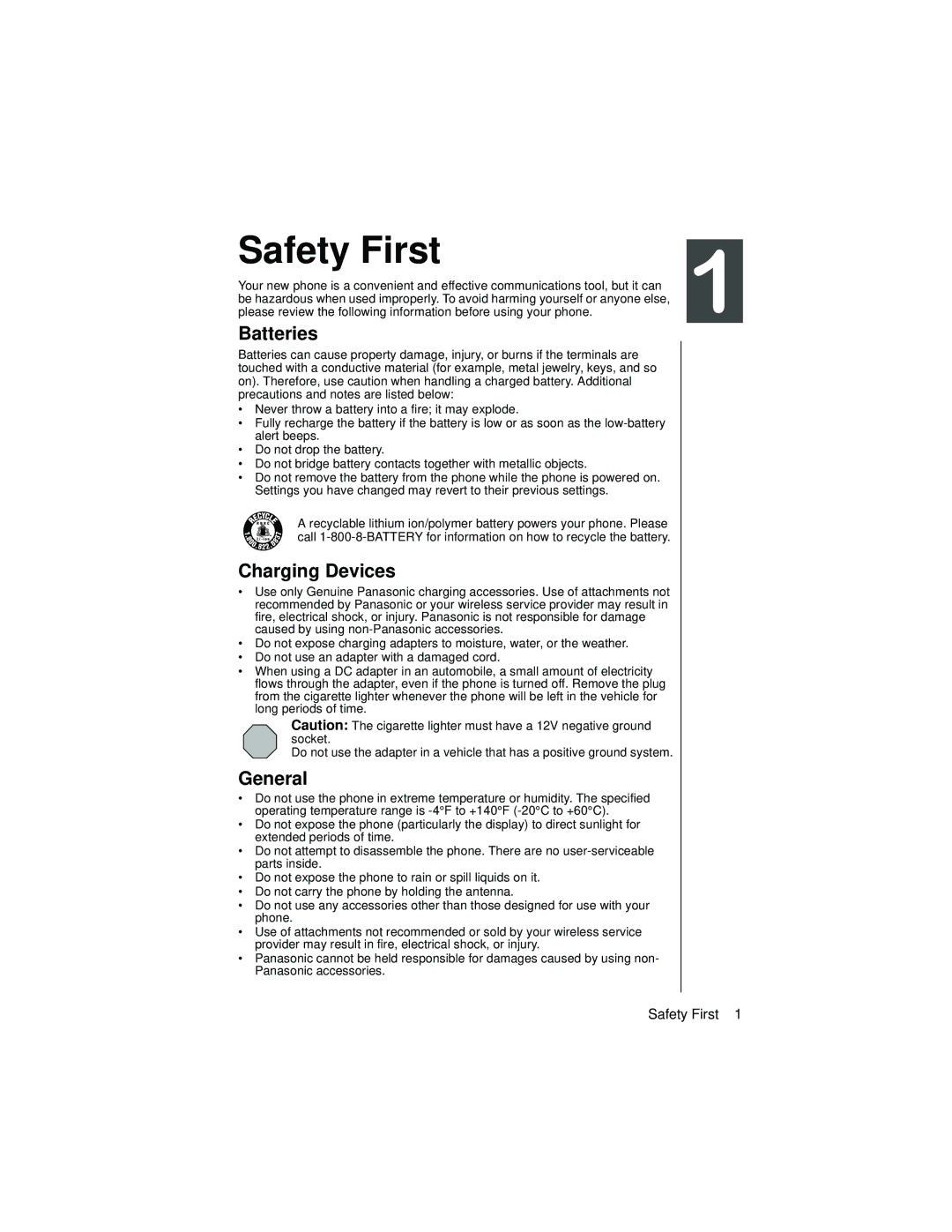 Panasonic EB-TX310 operating instructions Safety First, Batteries, Charging Devices, General 