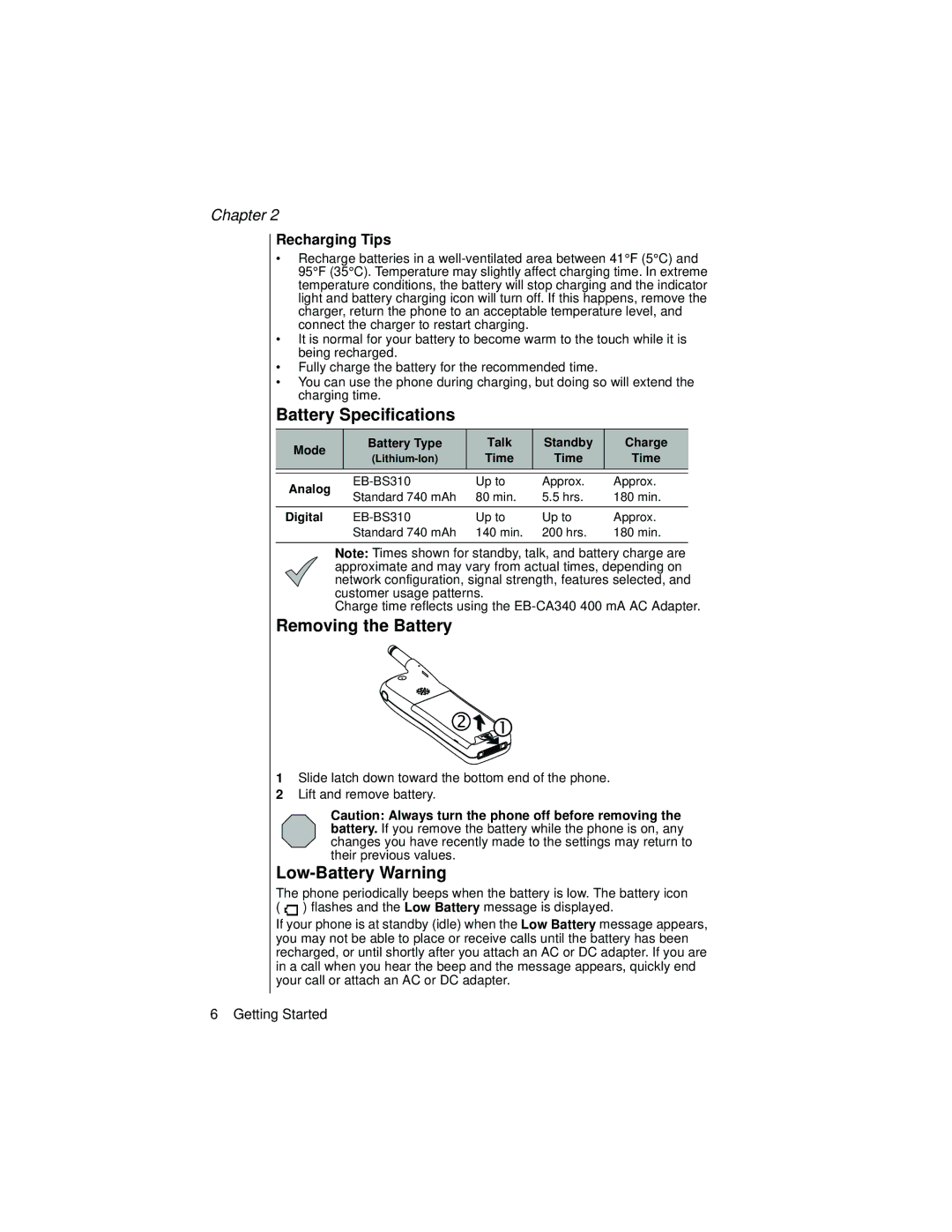 Panasonic EB-TX310 Battery Specifications, Removing the Battery, Low-Battery Warning, Recharging Tips 