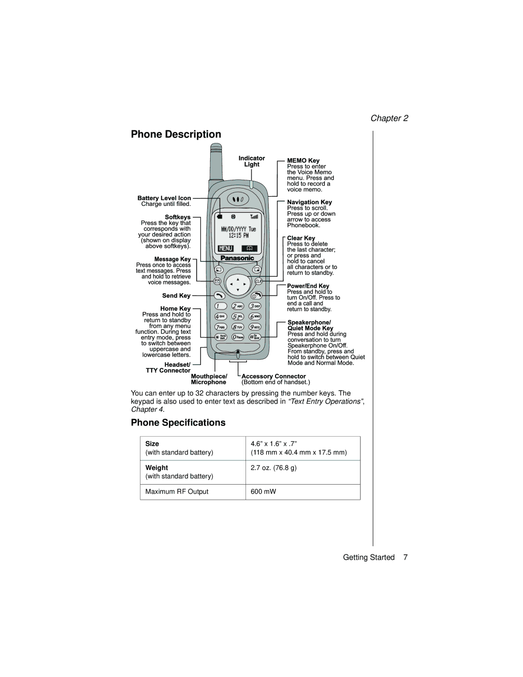 Panasonic EB-TX310 operating instructions Phone Description, Phone Specifications, Size, Weight 