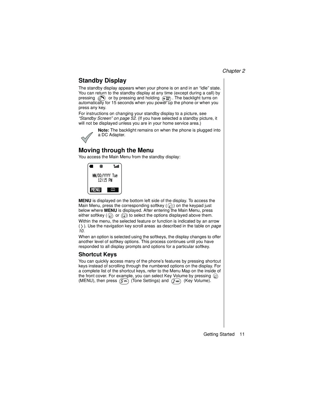 Panasonic EB-TX310 operating instructions Standby Display, Moving through the Menu, Shortcut Keys 