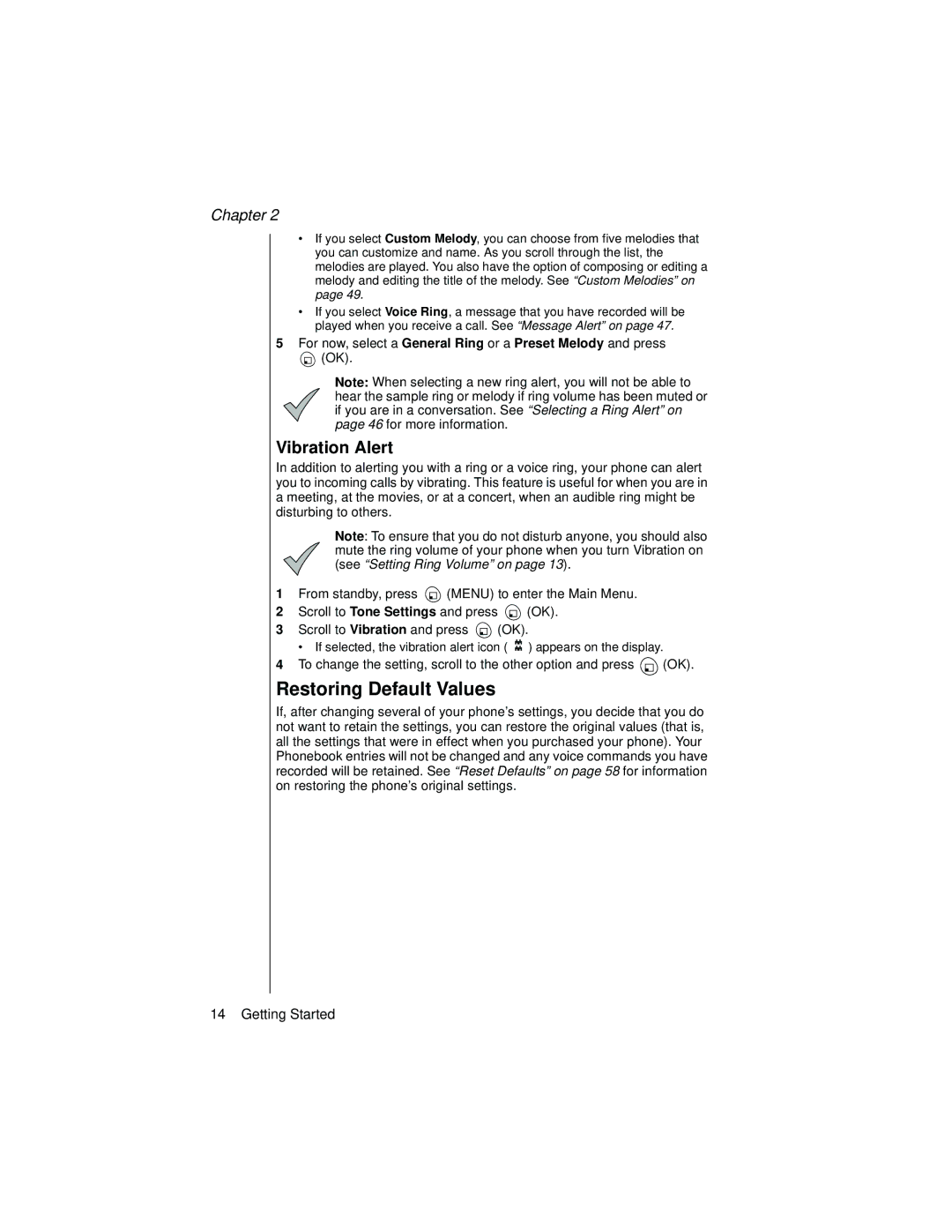 Panasonic EB-TX310 operating instructions Restoring Default Values, Vibration Alert 