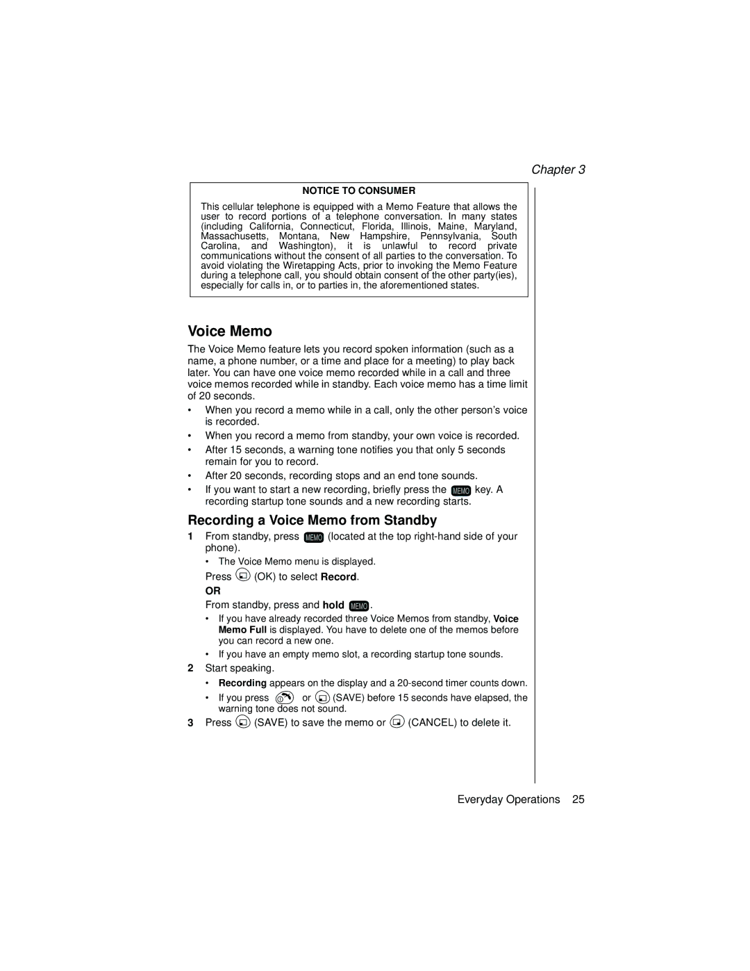 Panasonic EB-TX310 operating instructions Recording a Voice Memo from Standby 