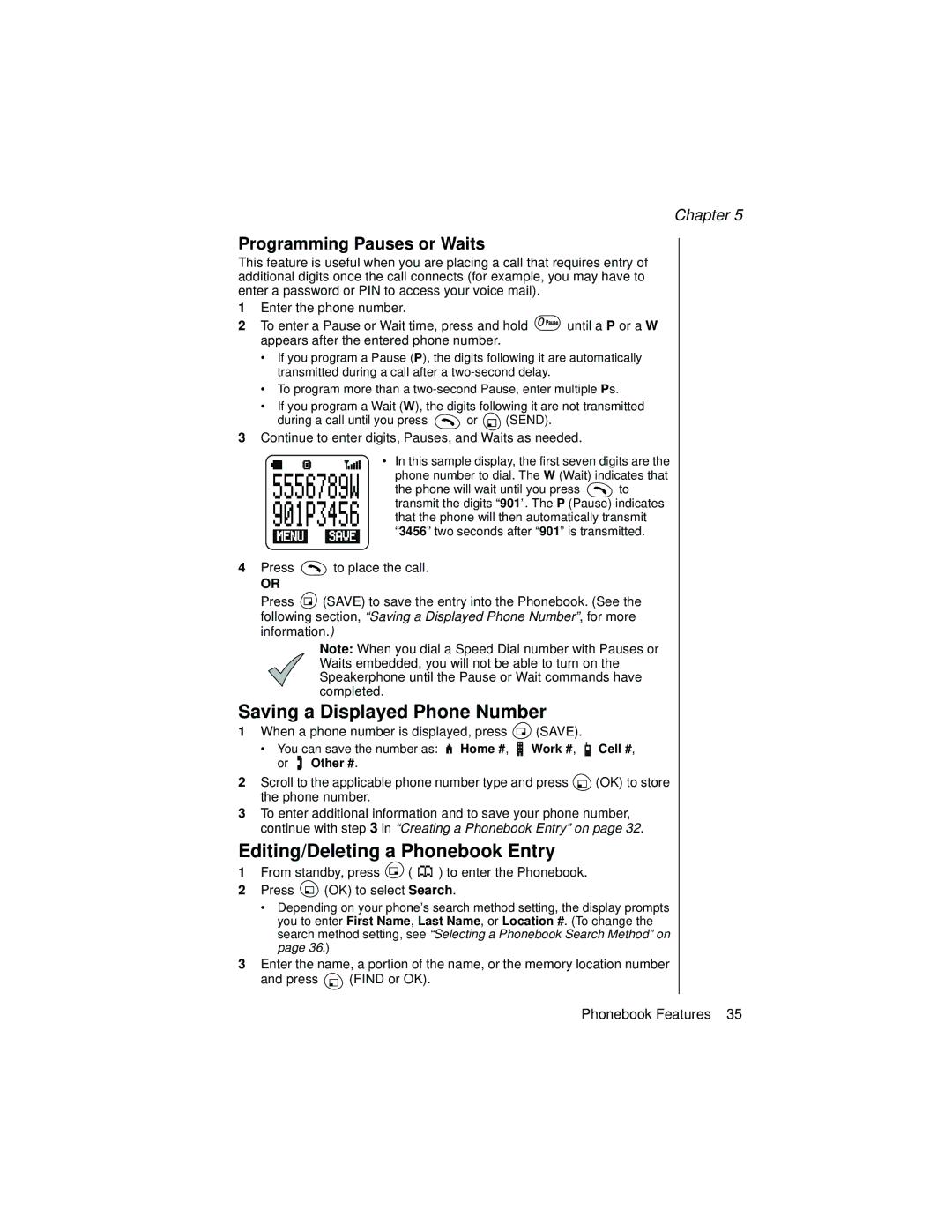 Panasonic EB-TX310 Saving a Displayed Phone Number, Editing/Deleting a Phonebook Entry, Programming Pauses or Waits 