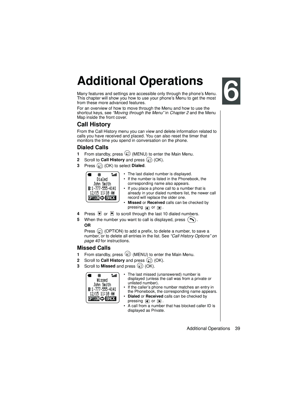 Panasonic EB-TX310 operating instructions Additional Operations, Call History, Dialed Calls, Missed Calls 