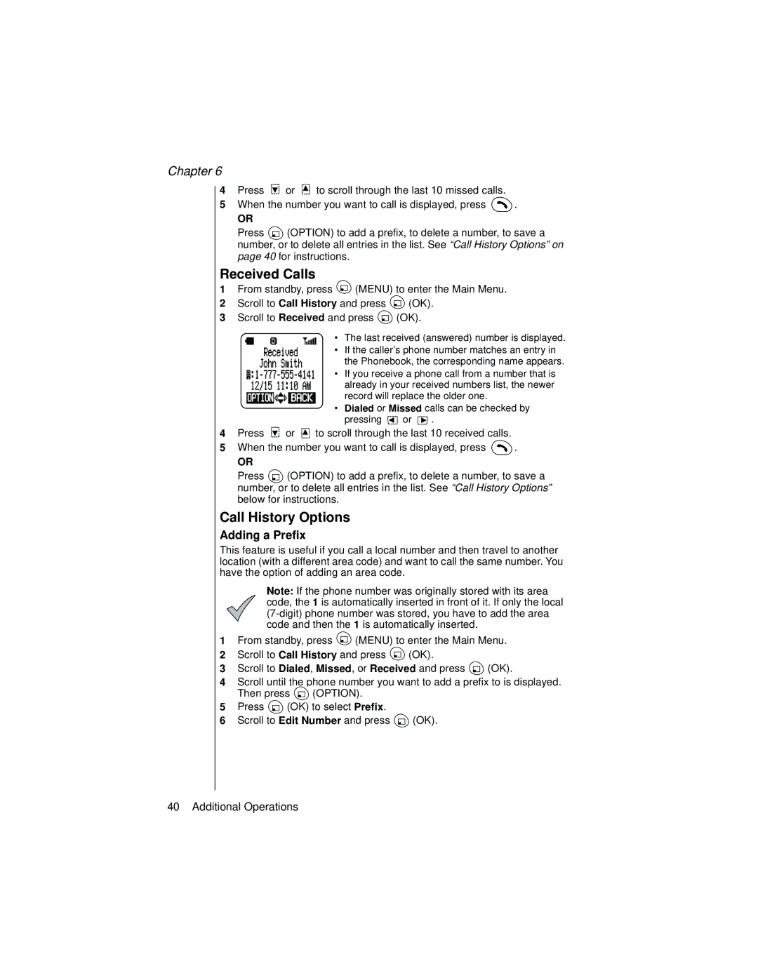 Panasonic EB-TX310 operating instructions Received Calls, Call History Options, Adding a Prefix 