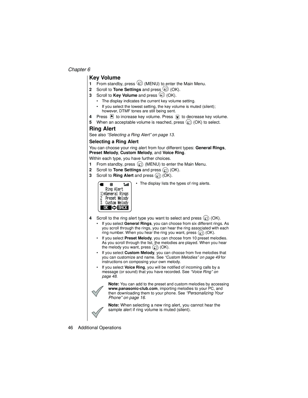 Panasonic EB-TX310 operating instructions Key Volume, Selecting a Ring Alert 