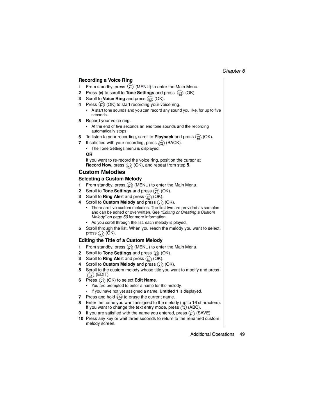 Panasonic EB-TX310 operating instructions Custom Melodies, Recording a Voice Ring, Selecting a Custom Melody 