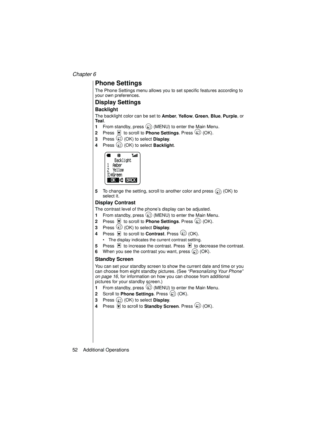 Panasonic EB-TX310 operating instructions Phone Settings, Display Settings, Backlight, Display Contrast, Standby Screen 