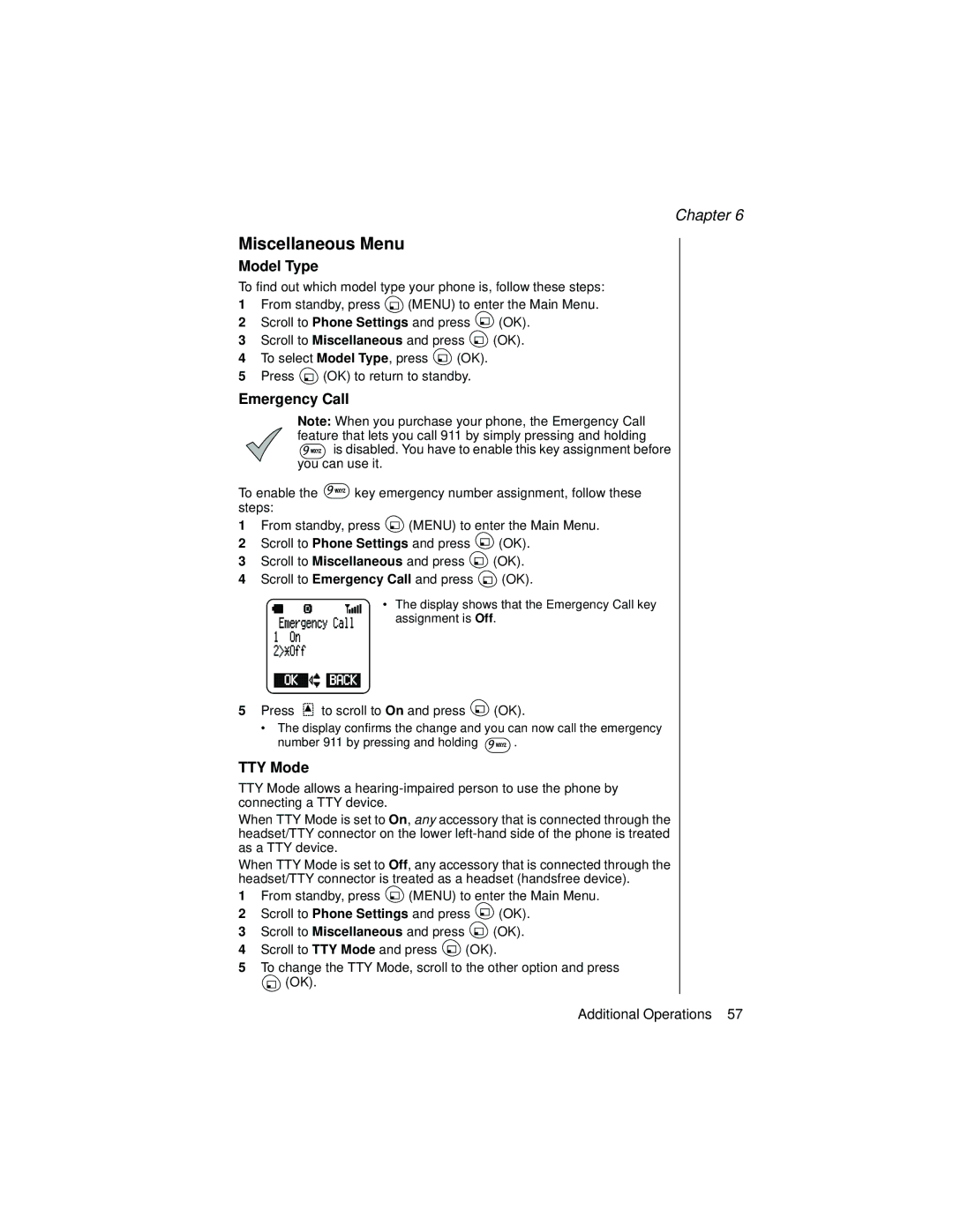 Panasonic EB-TX310 operating instructions Miscellaneous Menu, Model Type, Emergency Call, TTY Mode 