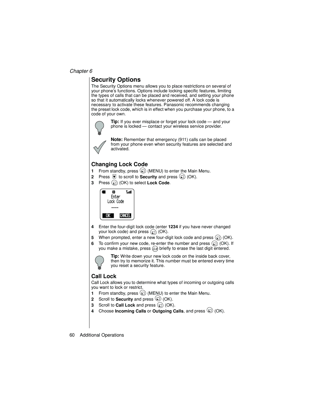 Panasonic EB-TX310 Security Options, Changing Lock Code, Call Lock, Choose Incoming Calls or Outgoing Calls, and press OK 