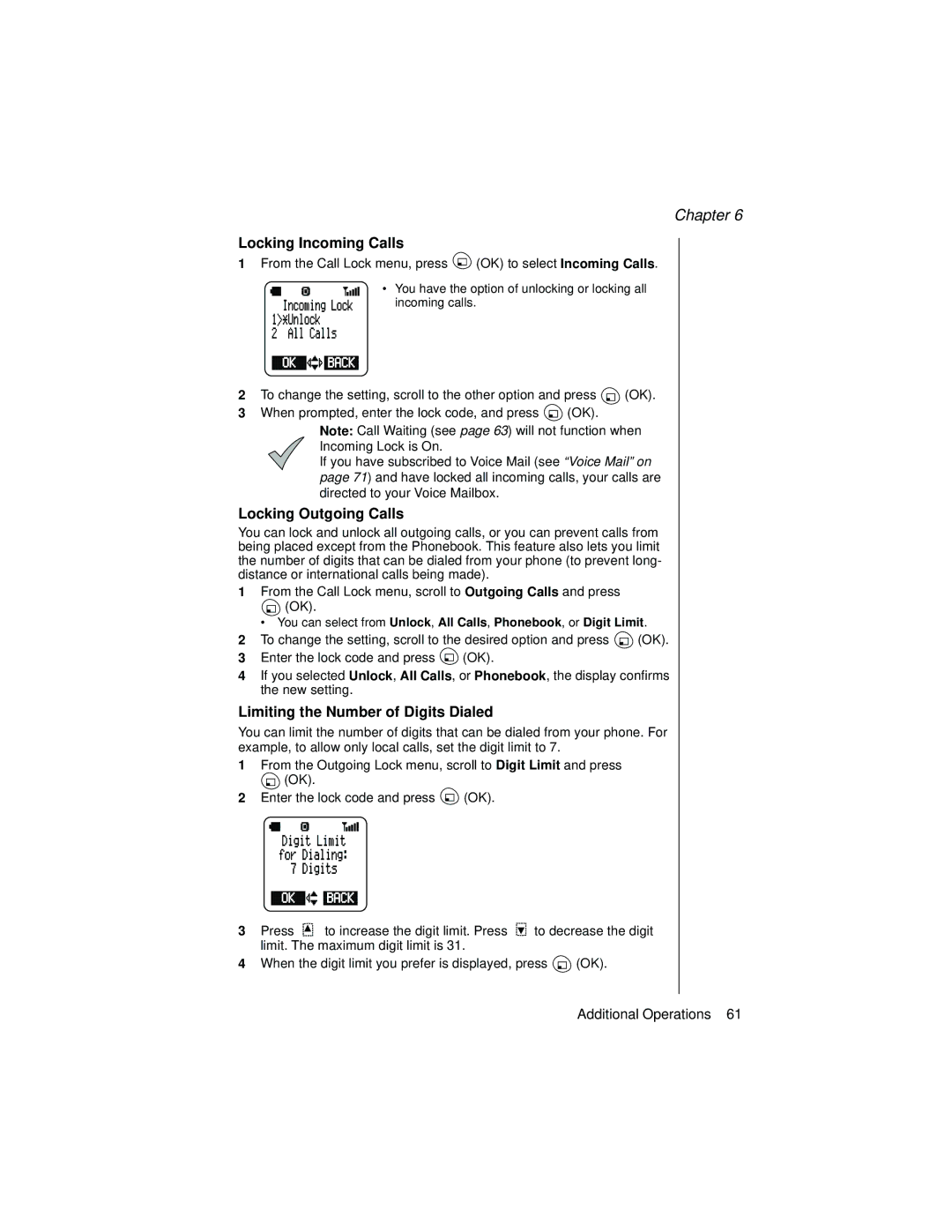 Panasonic EB-TX310 Locking Incoming Calls, Locking Outgoing Calls, Limiting the Number of Digits Dialed 