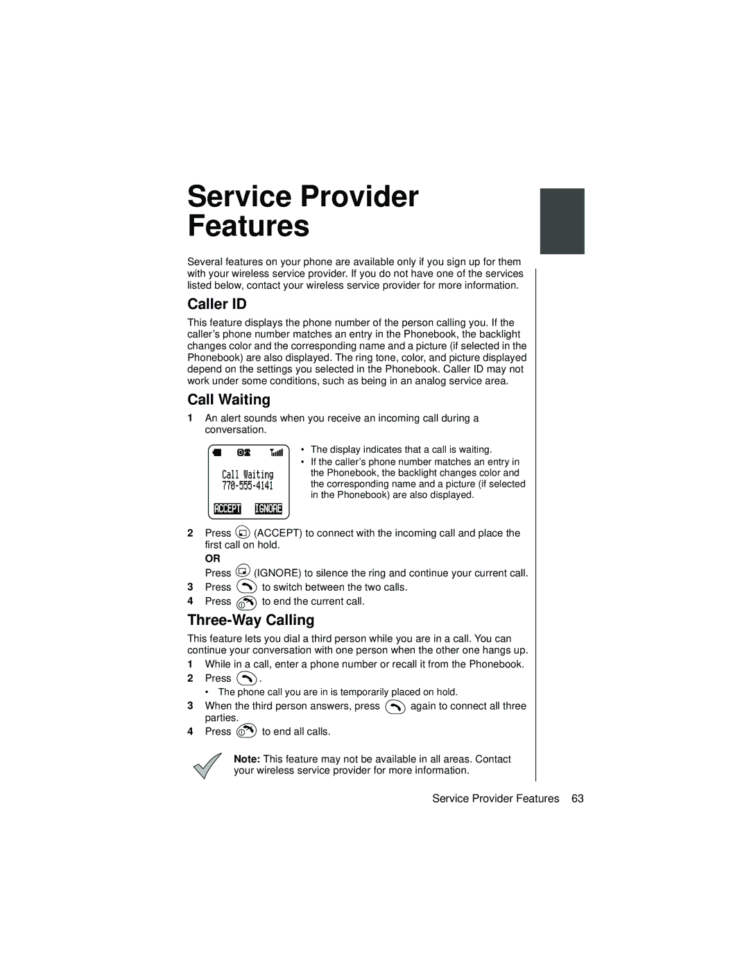 Panasonic EB-TX310 operating instructions Service Provider Features, Caller ID, Call Waiting, Three-Way Calling 