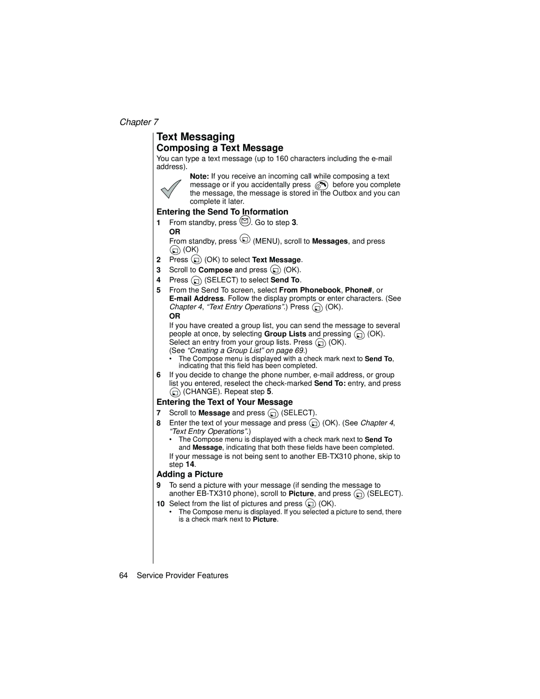 Panasonic EB-TX310 Text Messaging, Composing a Text Message, Entering the Send To Information, Adding a Picture 