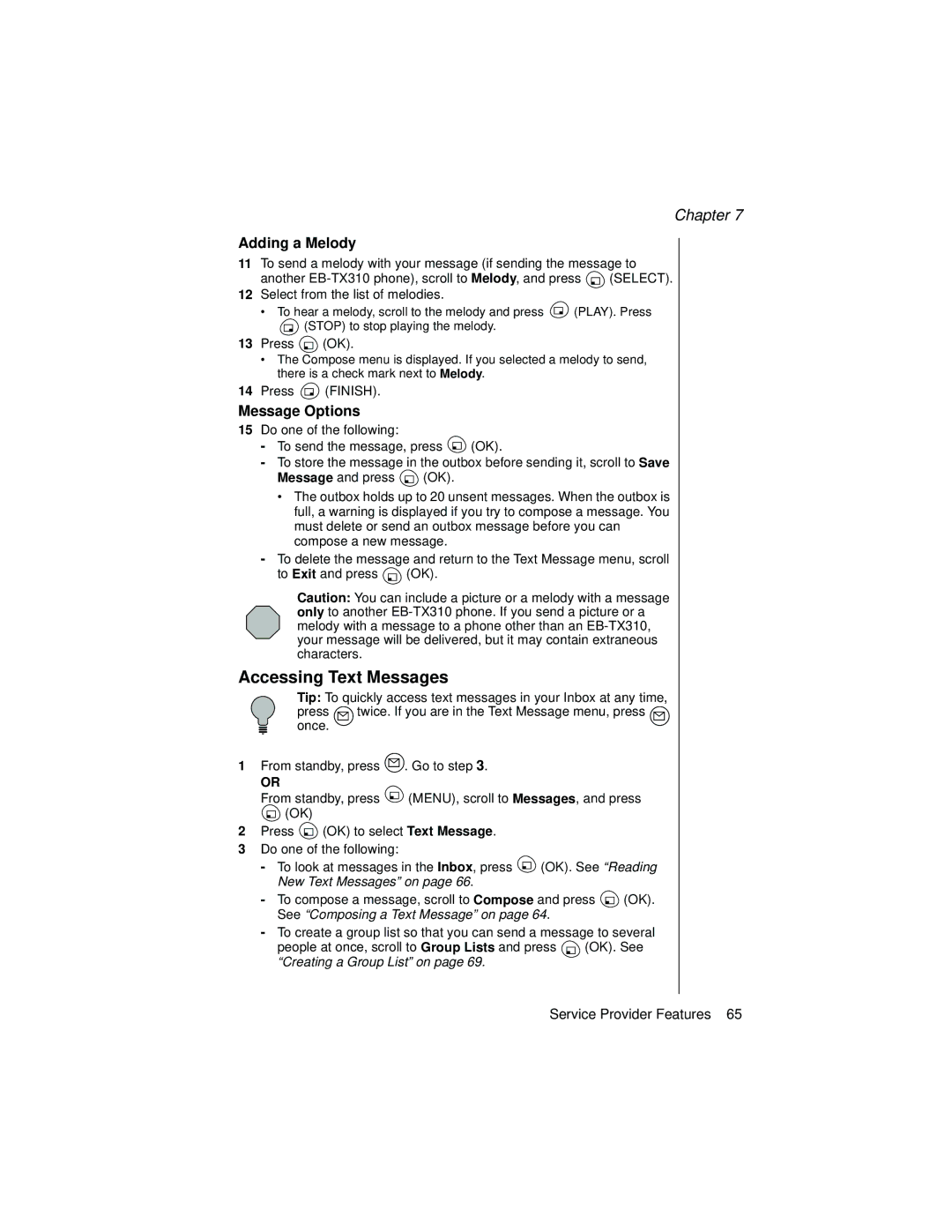 Panasonic EB-TX310 operating instructions Accessing Text Messages, Adding a Melody, Message Options 